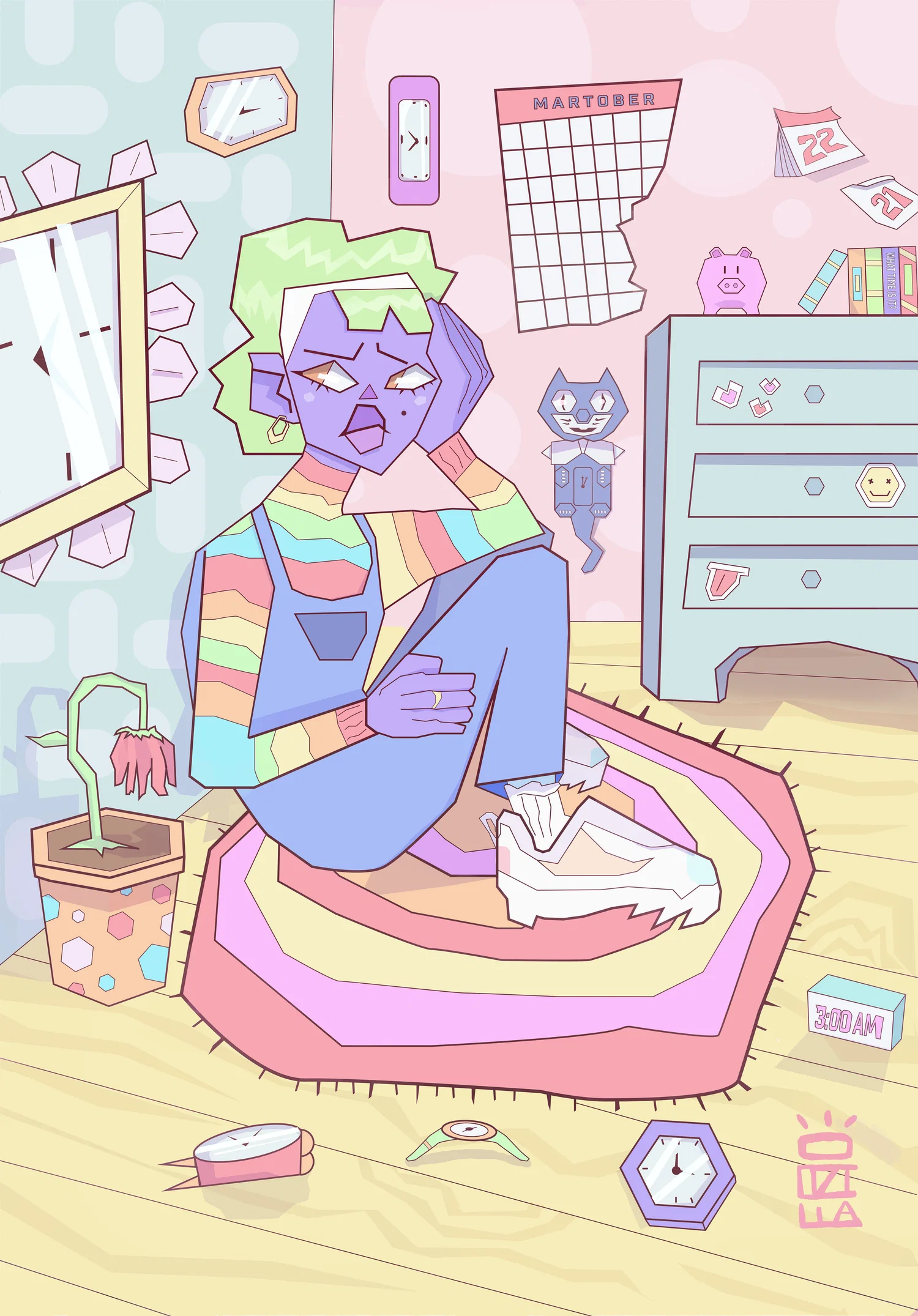 Colorful digital art piece of a girl sitting in her room with a confused expression on her face.