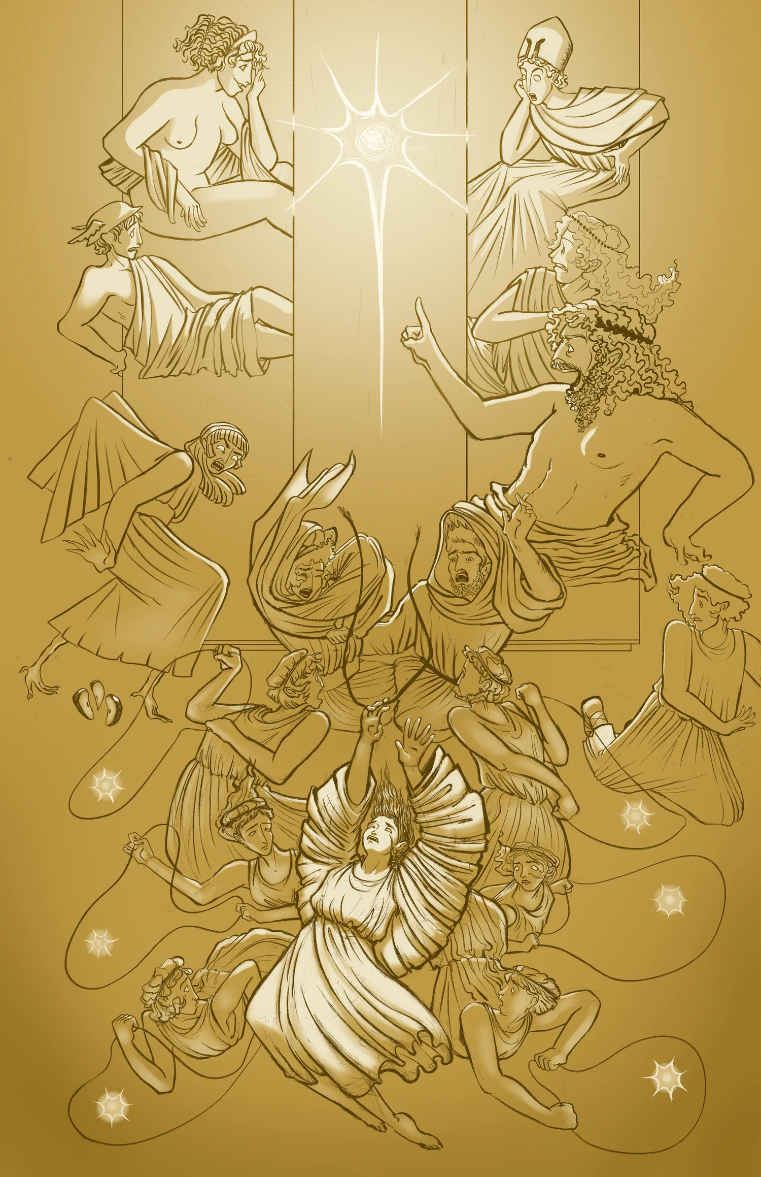 An ochre-colored monochrome piece. The entire scene depicts the Pleiade Merope losing her star at the wedding of Peleus and Thetis. At the bottom are the Pleiades, all playing with stars they hold with rope, Merope is in the middle of them, reaching out as her star shoots across the piece. In the middle, from left to right, are Eris, Thetis, Peleus, and Paris. Eris is seen dropping her golden apple in surprise. Thetis and Peleus shield themselves from the star, and Paris is shown exiting the scene. At the top are several Greek Gods: Zeus, Hera, and Athena on one side and Hermes and Aphrodite on the other. They all look at the star in shock or amusement.