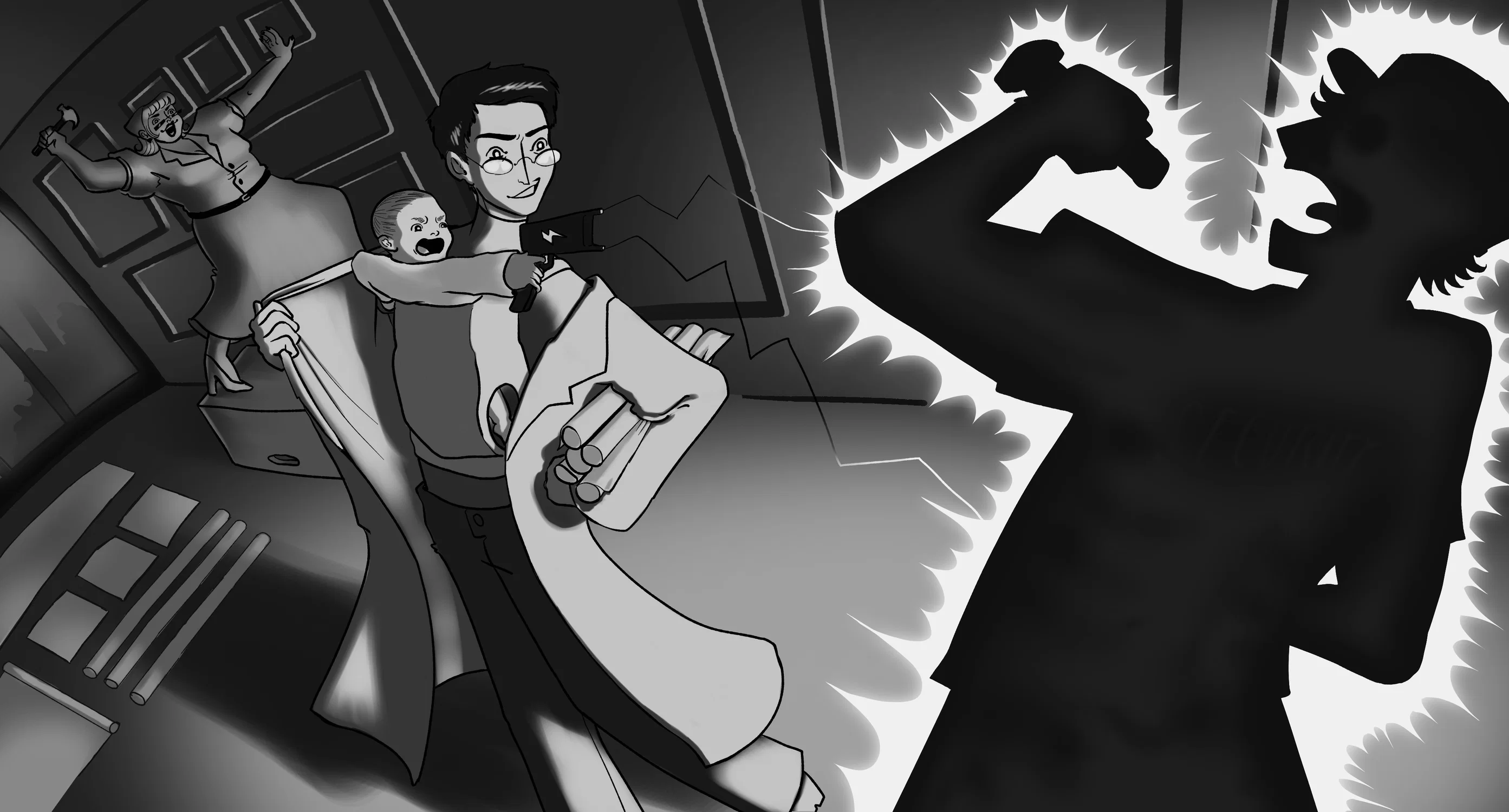 Black and White piece. A couple is seen attemping to steal artwork. In the foreground, they've been caught, but a baby strapped to the closer mom's chest brings out a tazer and tazes the security guard. In the background, the other mom cheers.
