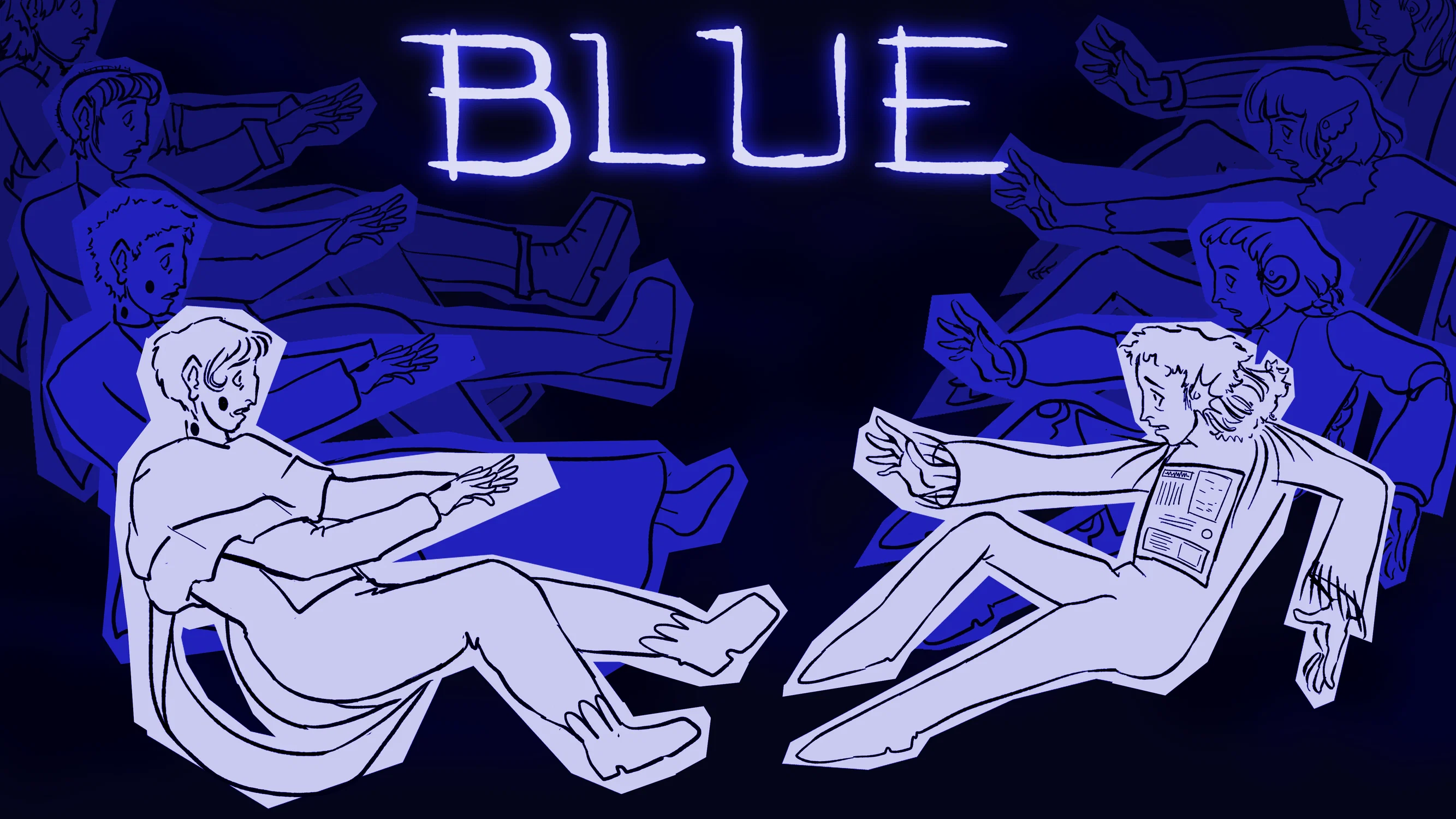 Light to Dark blue composition. Two futuristic characters floating in a liminal space are being pulled apart as they reach for each other. Behind each of them are previous versions of themselves in the same position, except their eyes and expressions are blank. In the top middle is the word "BLUE" in all caps.