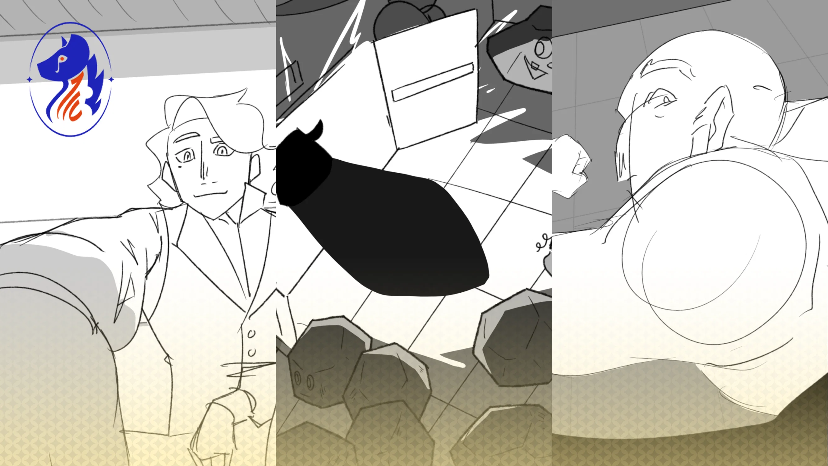 Image containing a section of a panel from each of Evan's three pieces