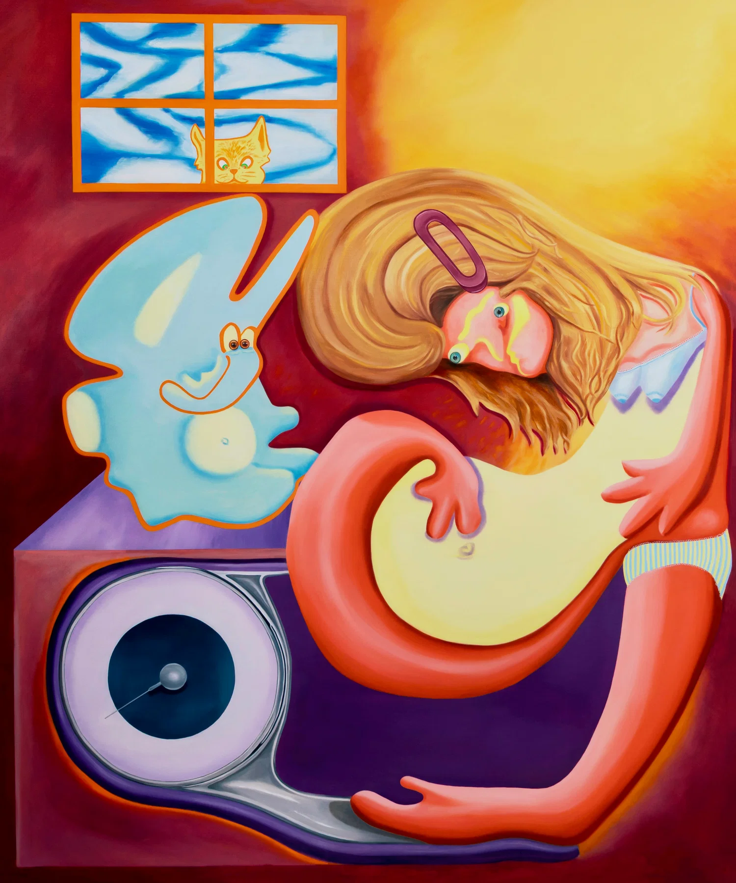 A surreal painting of a girl stepping on a weighing scale