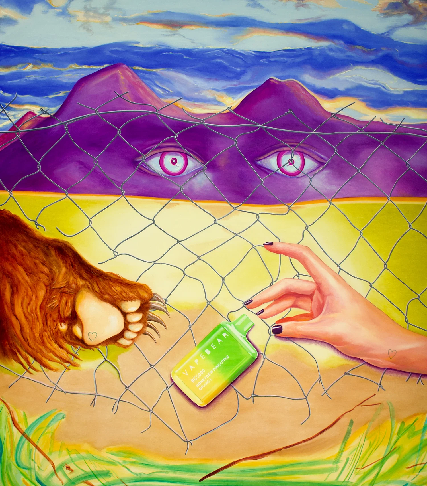 A painting of a mountain with eyes that has a bear and girl sharing a vape in the foreground.