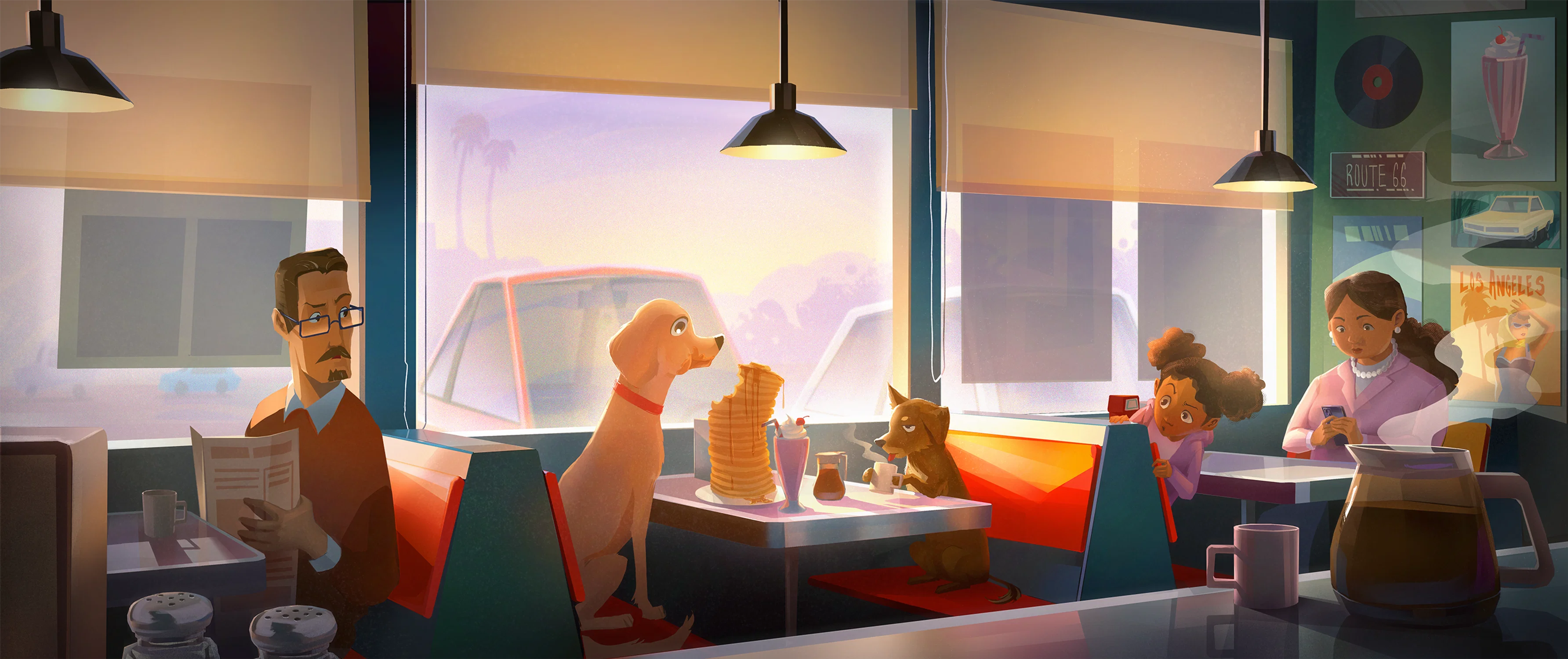 Digital Painting of two dogs eating in a Diner.