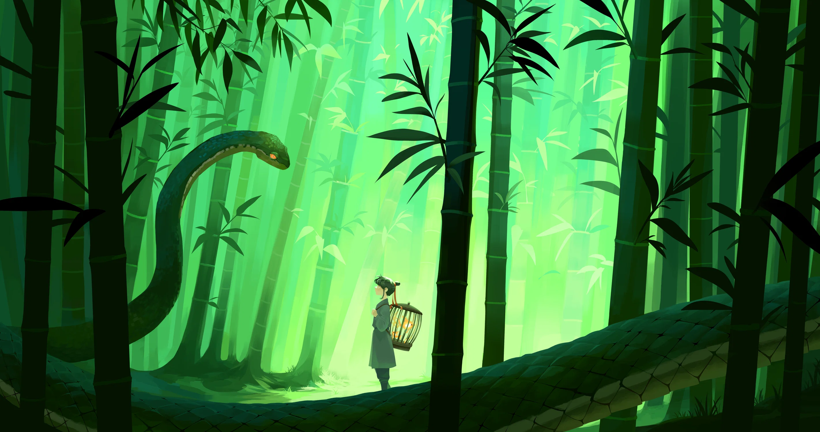 A boy stands in a bamboo forest, staring at a large snake partially hidden in the shadows.