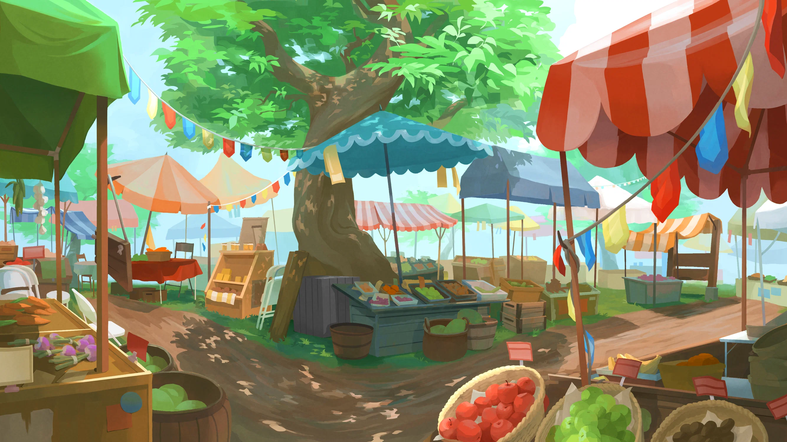 An expansive shot of a farmers market, with various colorful stands and produce.