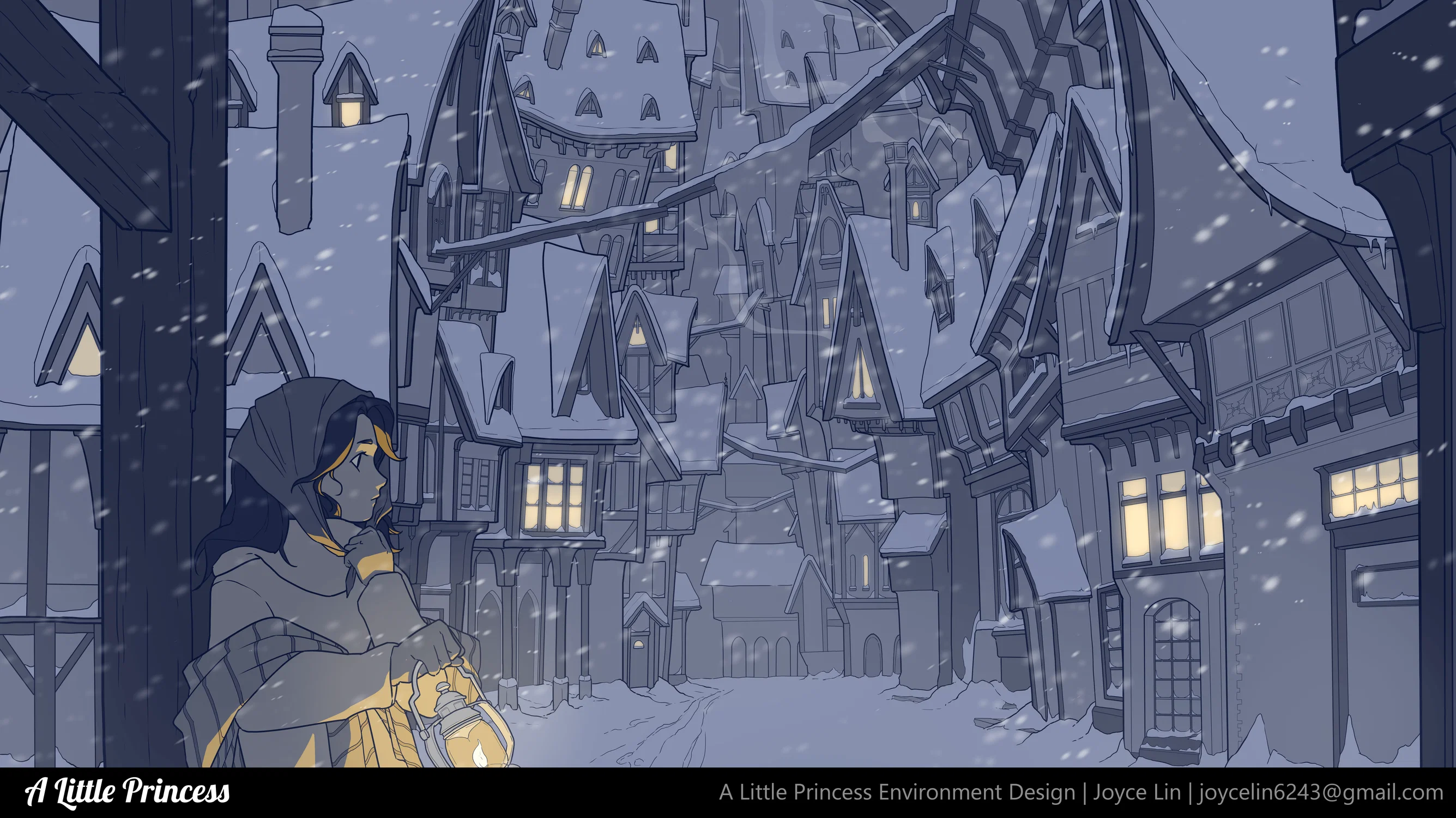 A girl stands in a snowstorm in a dark crowded city