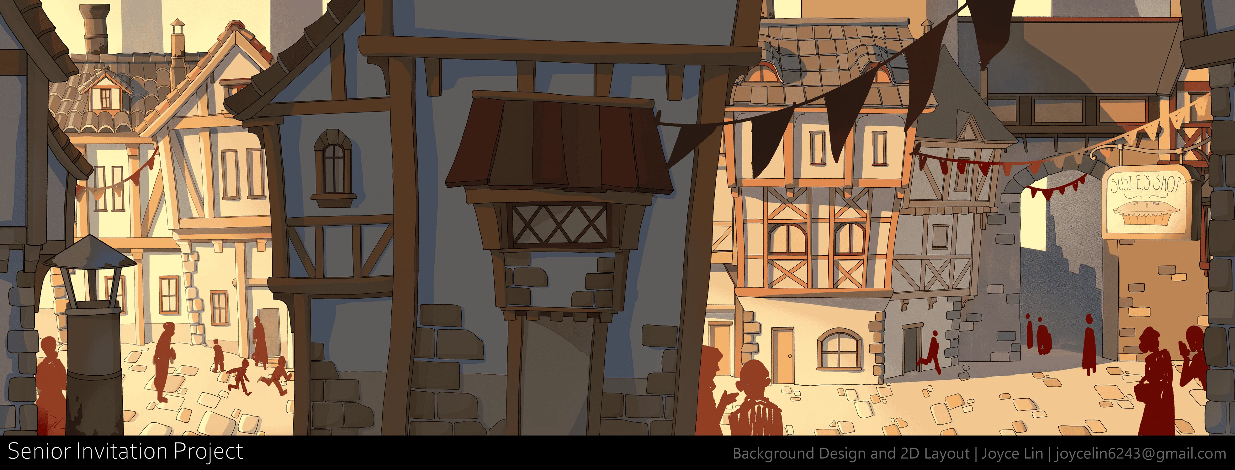 A medieval town during sunset