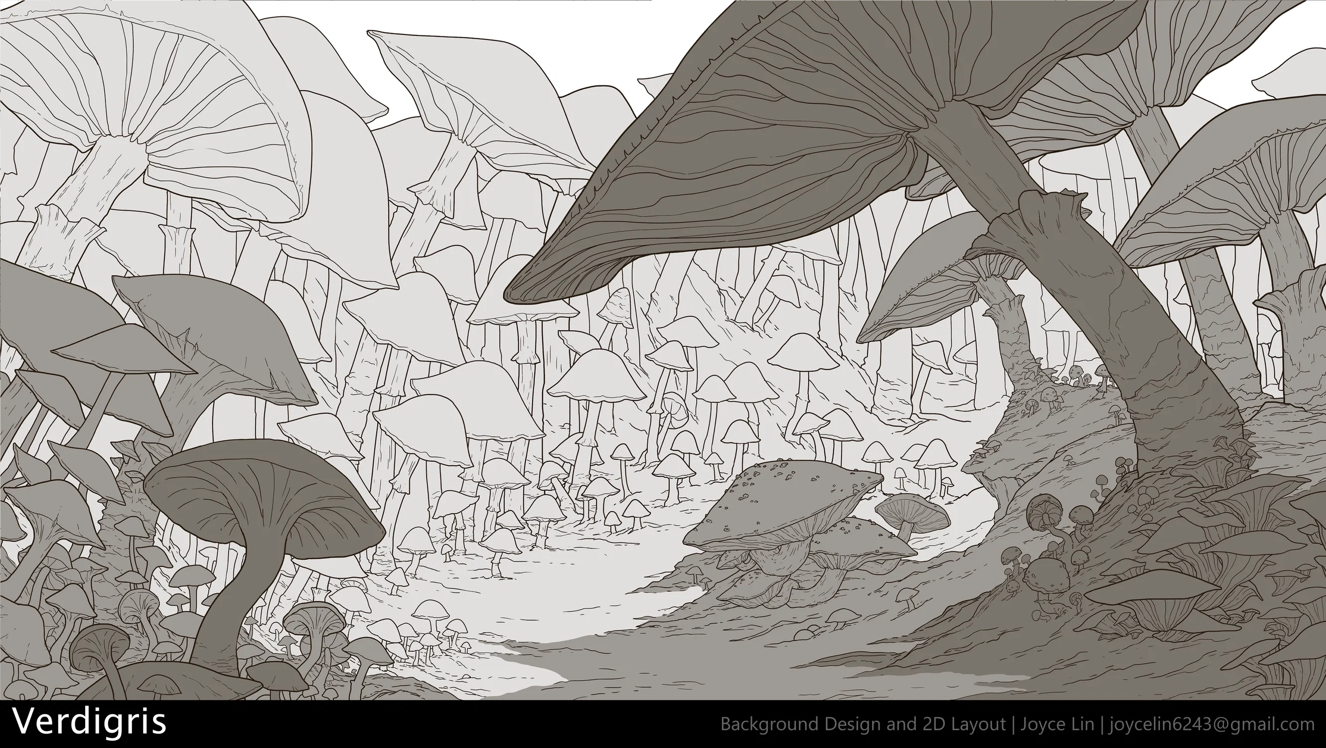 A mushroom forest, with large mushrooms on the right and smaller ones densely clustered at the back.