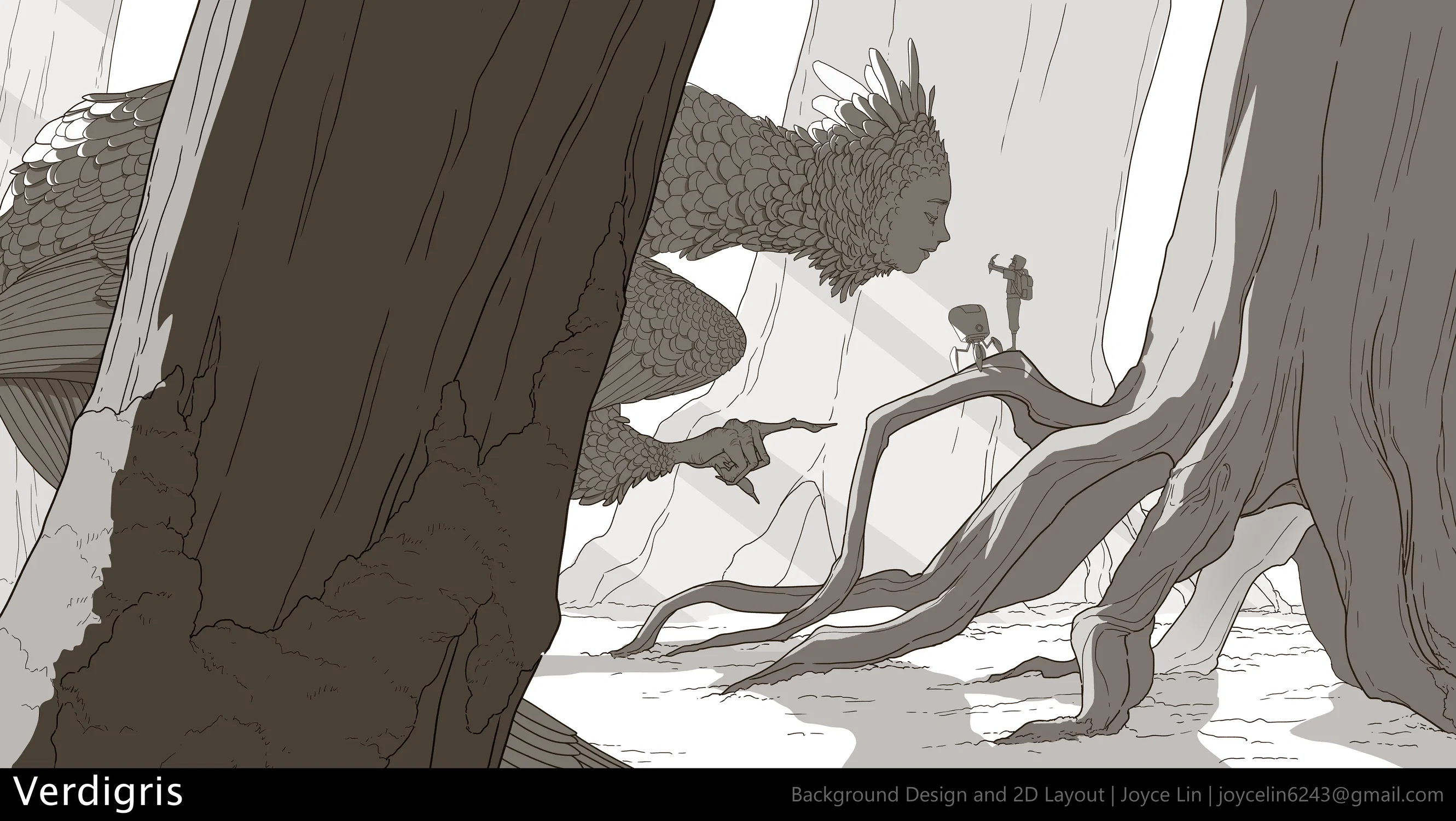 A massive harpy lady looms over two characters standing on the raised root of a tree.