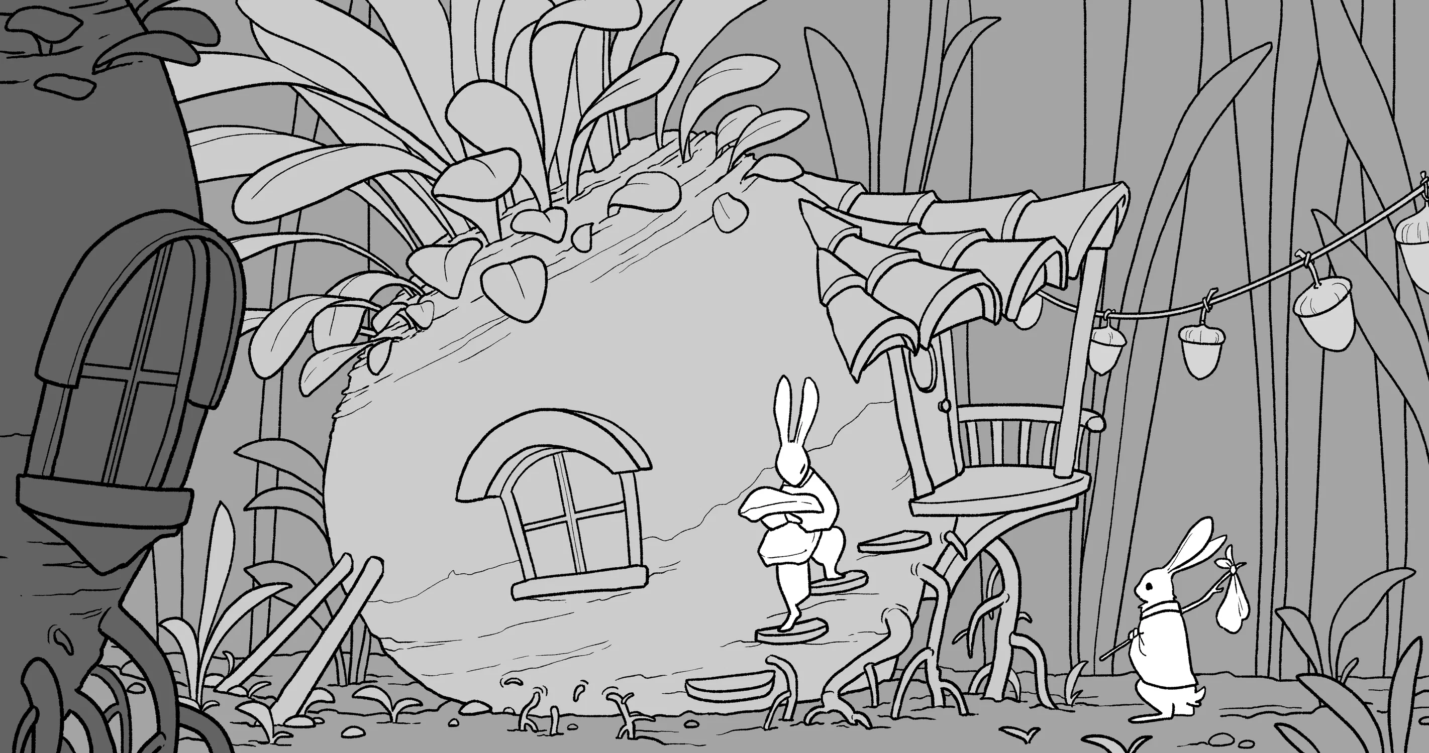 Miniature bunny creatures with a turnip house. In the background is a forest of grass.
