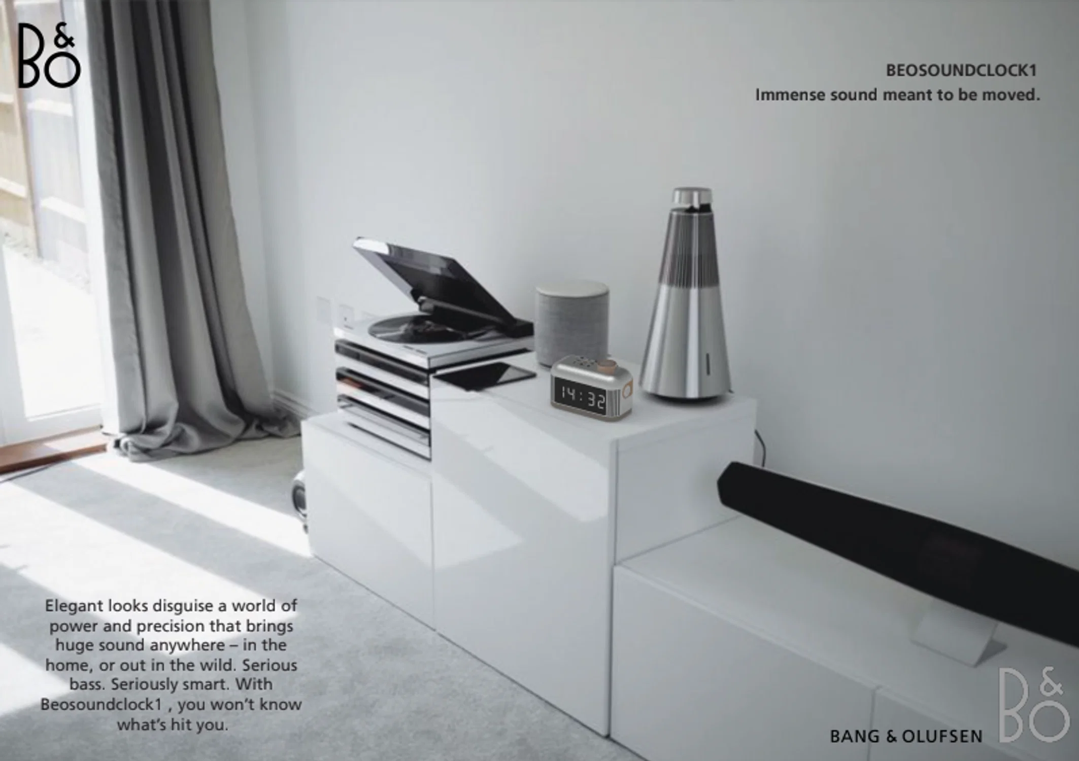 A compact aluminum radio clock with a digital display, wood-accented B&O knob, and leather strap for portability.
