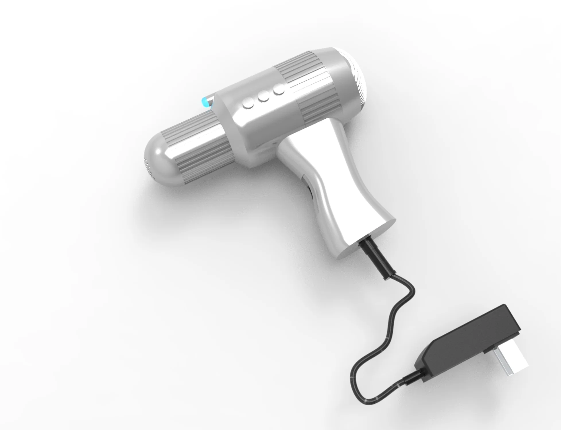 A futuristic, gun-shaped hair dryer inspired by Men in Black, with a sleek silver body and sci-fi detailing.