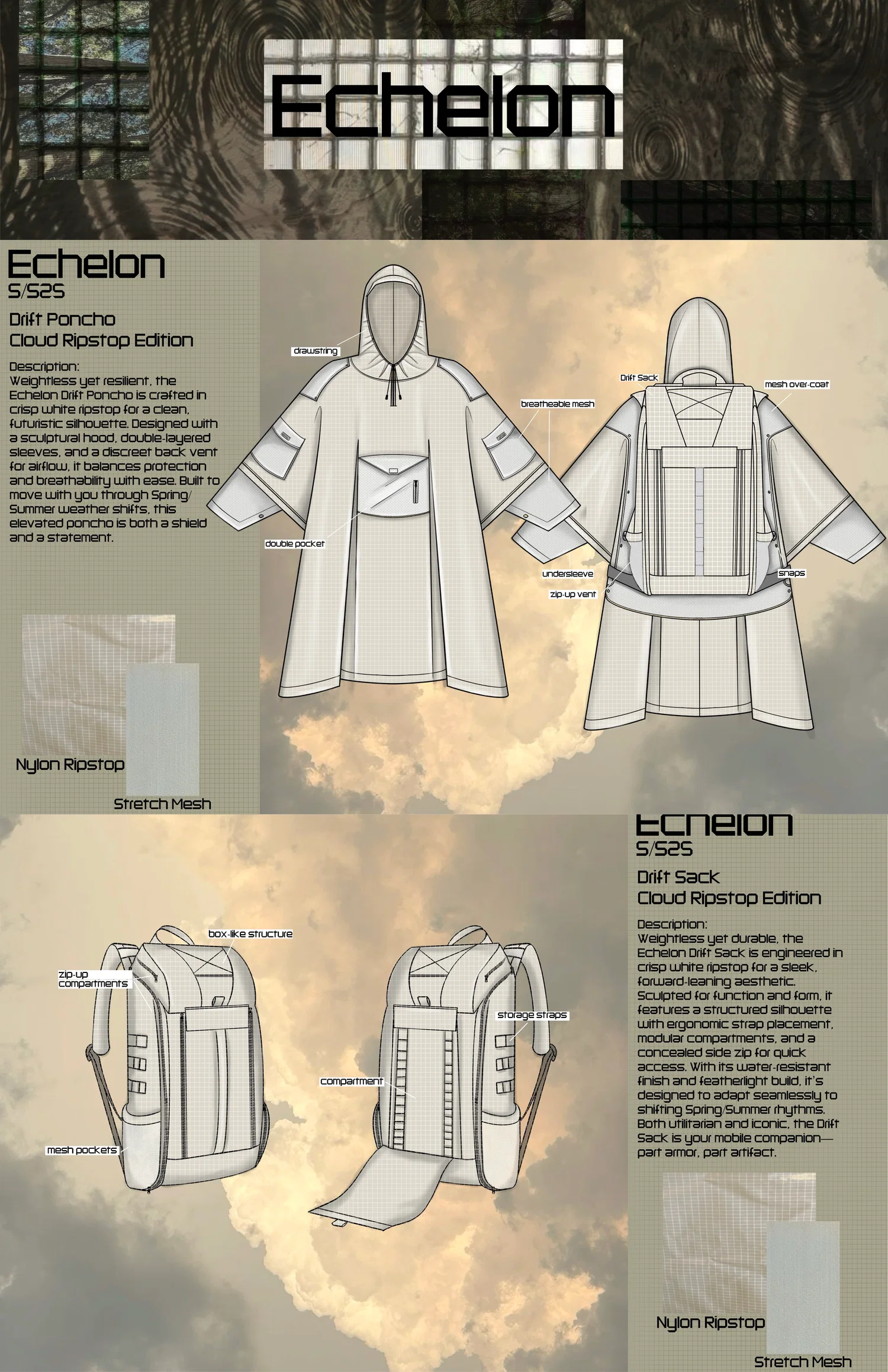 “Echelon”—spring/summer mini collection; adding flair and ingenuity to weather-proof garments.