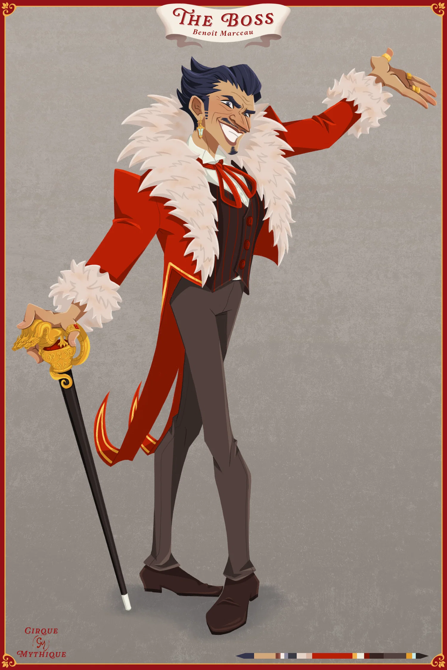 A villainous circus ringmaster character wearing a red coat, and decorated in gold jewelry.