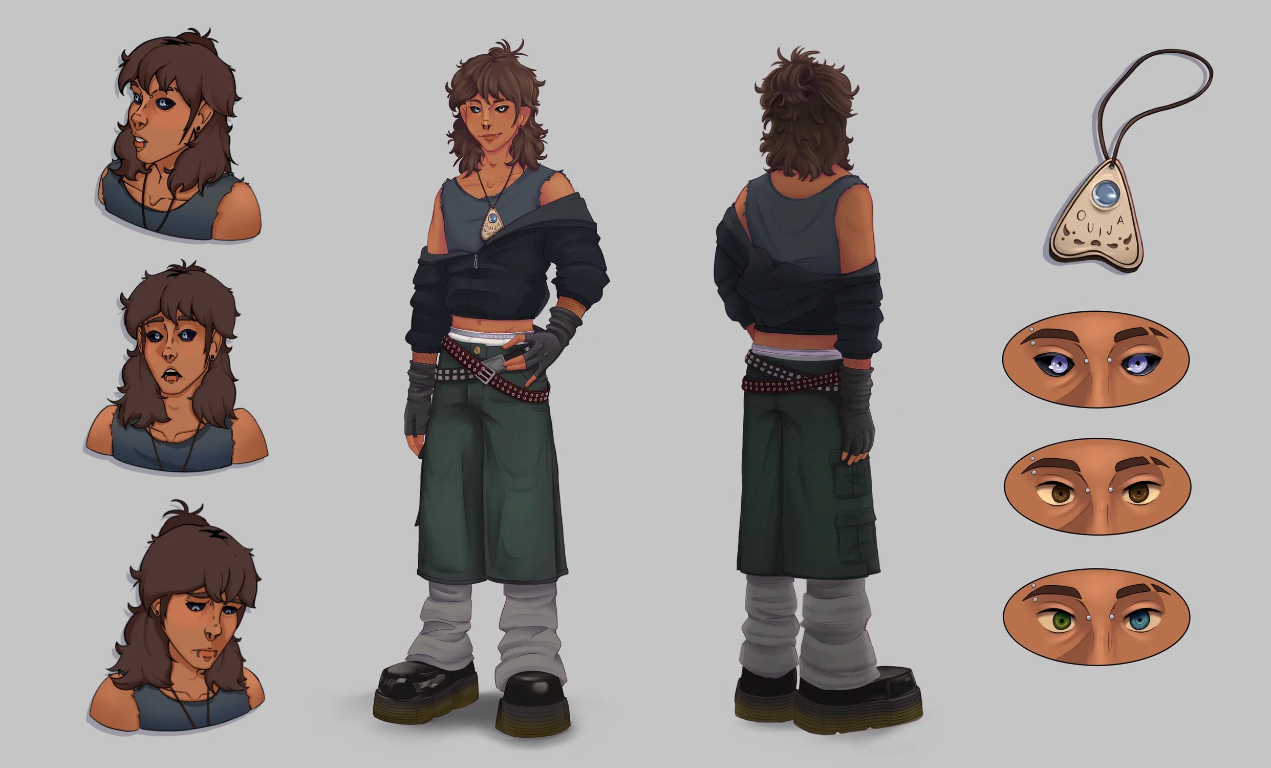 Image of front and back views of my original character Dusk followed with three expressions on the left and his pendant / eye color concepts on the right.