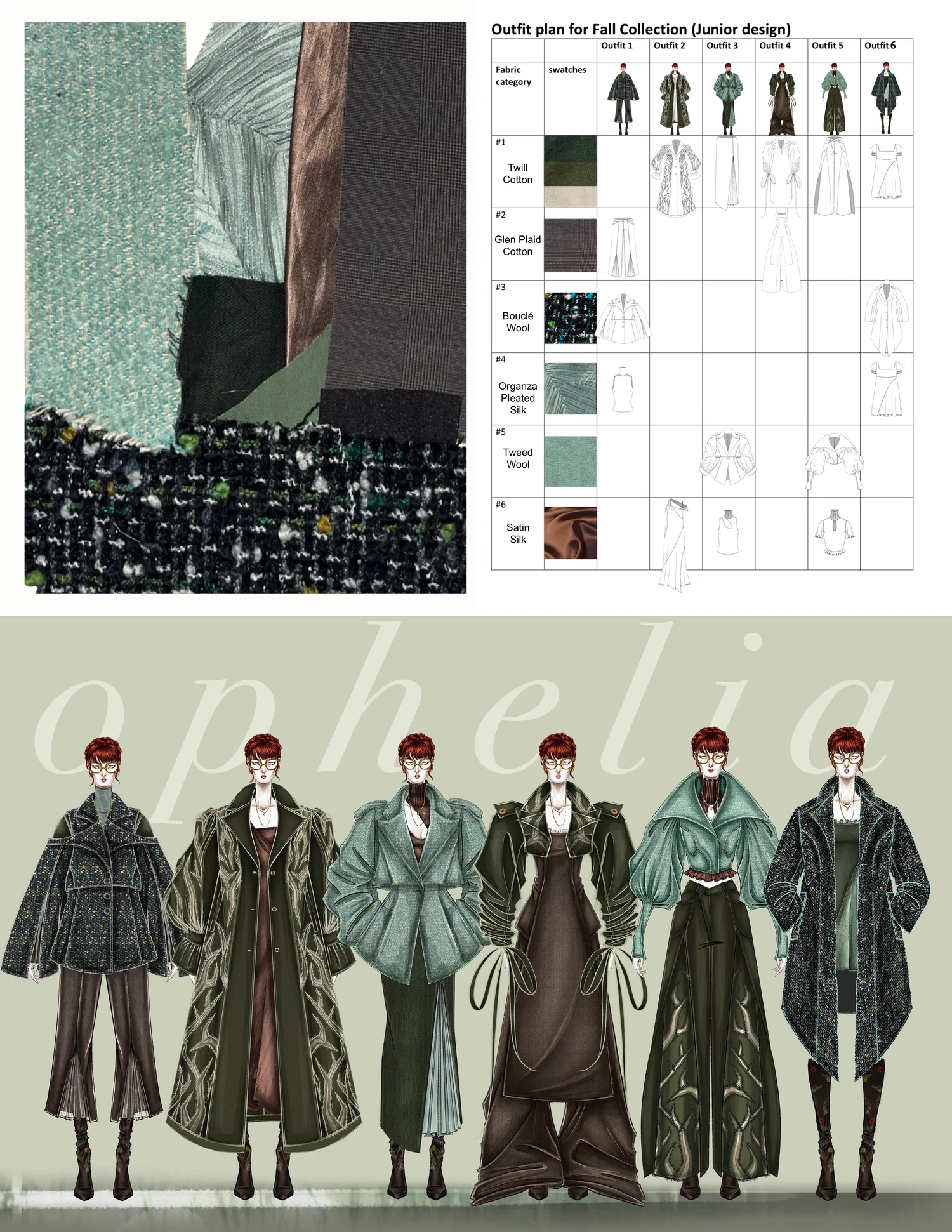 Kiriana Lanuza Fall/Winter collection inspired by Jean-Baptiste Bertrand's oil painting Ophelia featuring a twill layered treatment to mimic the greenery of the painting. Pictured above the lineup is the fabric story and outfit plan with the included flats.