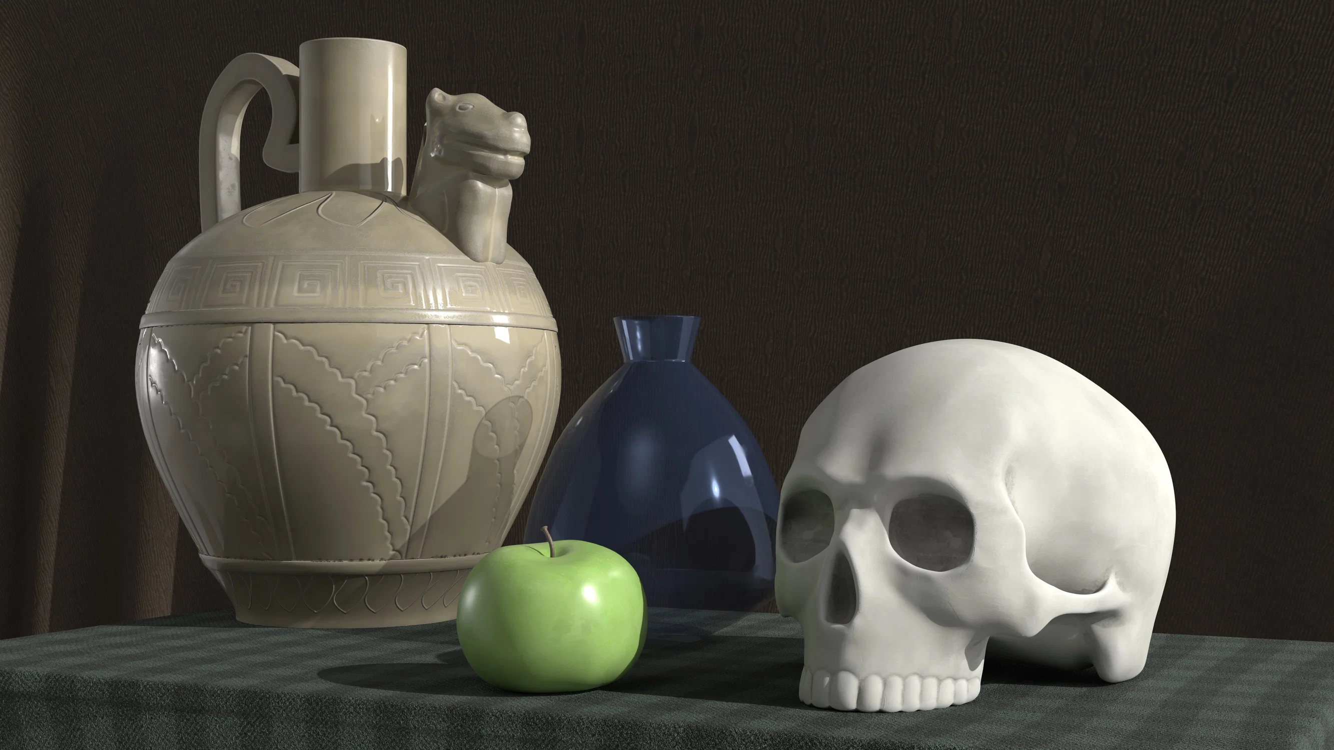 This is a separate project, it is a still life modeled in 3D. It features a skull, a vase with a dragon on it, a blue glass decanter, and a green apple.