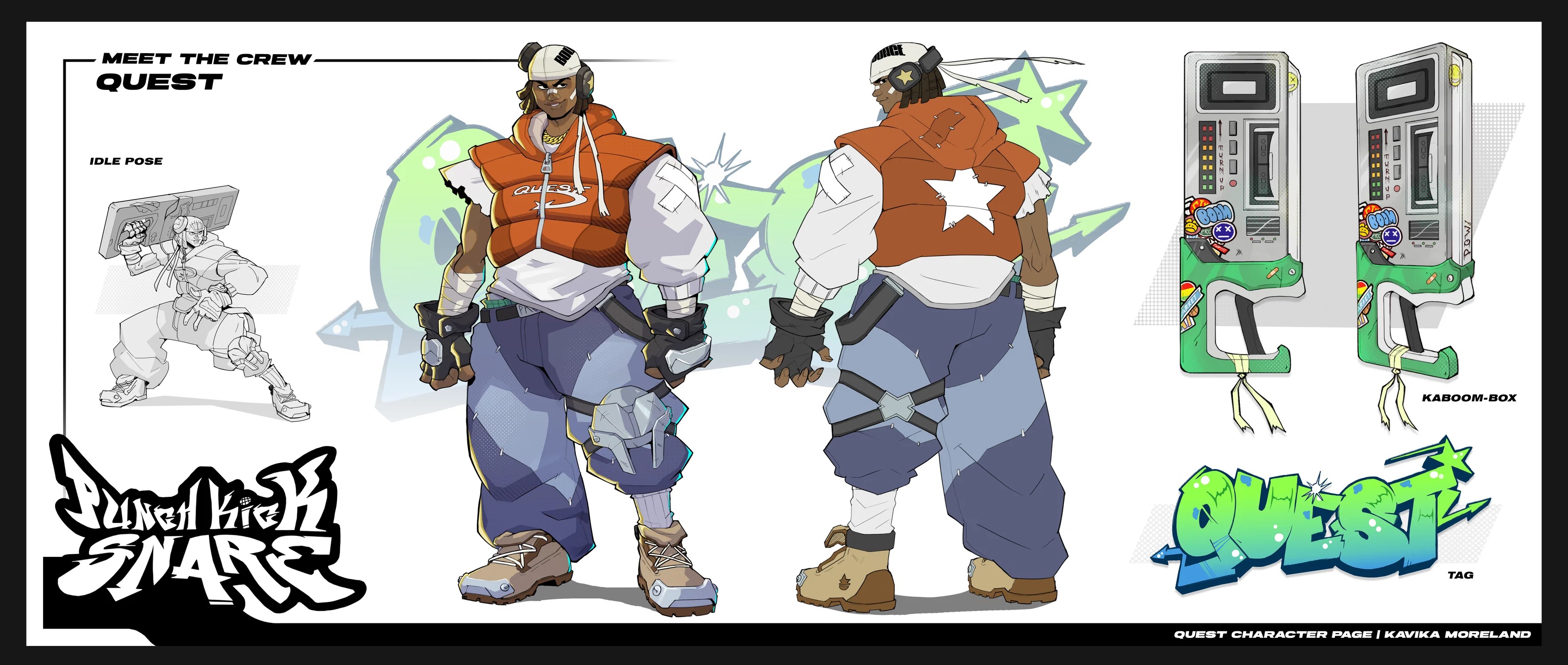 Layout sheet of my character "Quest" showing off his weapon, idle stance, full body turn around, and spraypaint tag