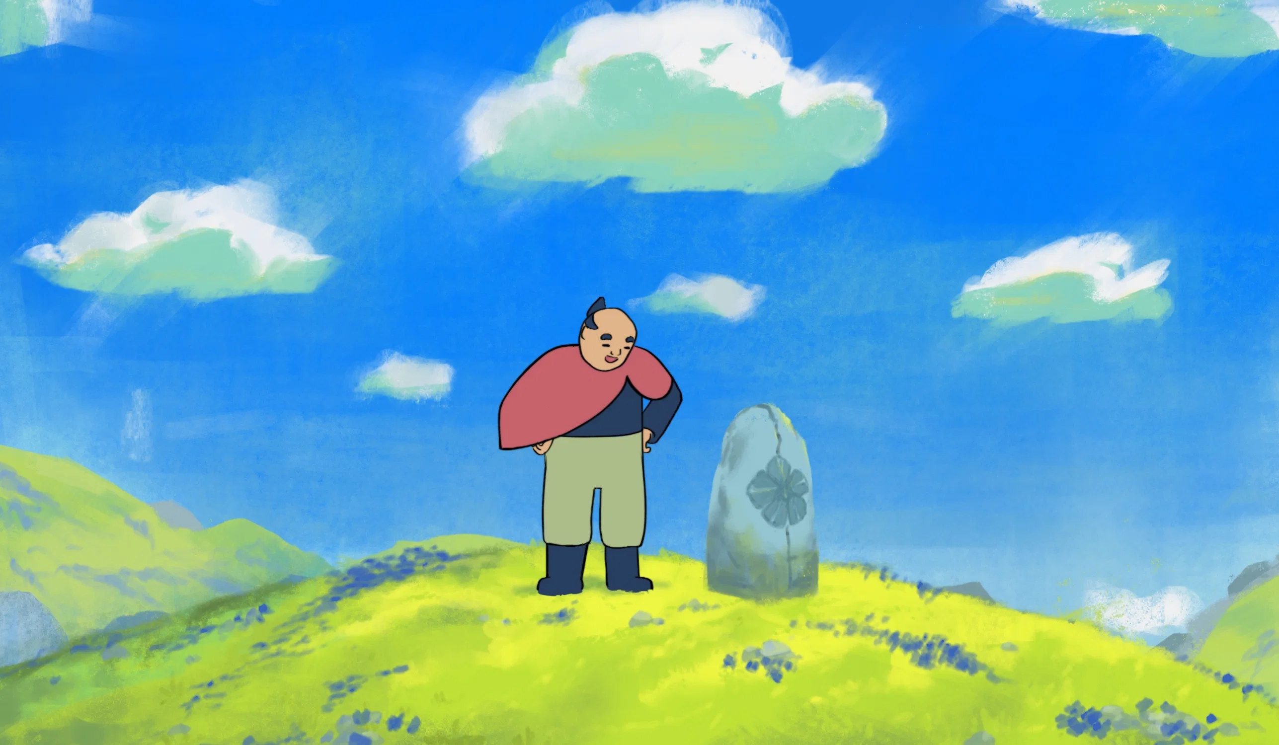 A cheerful guy stands at ease atop a sun-drenched green field, bathed in crisp daylight.