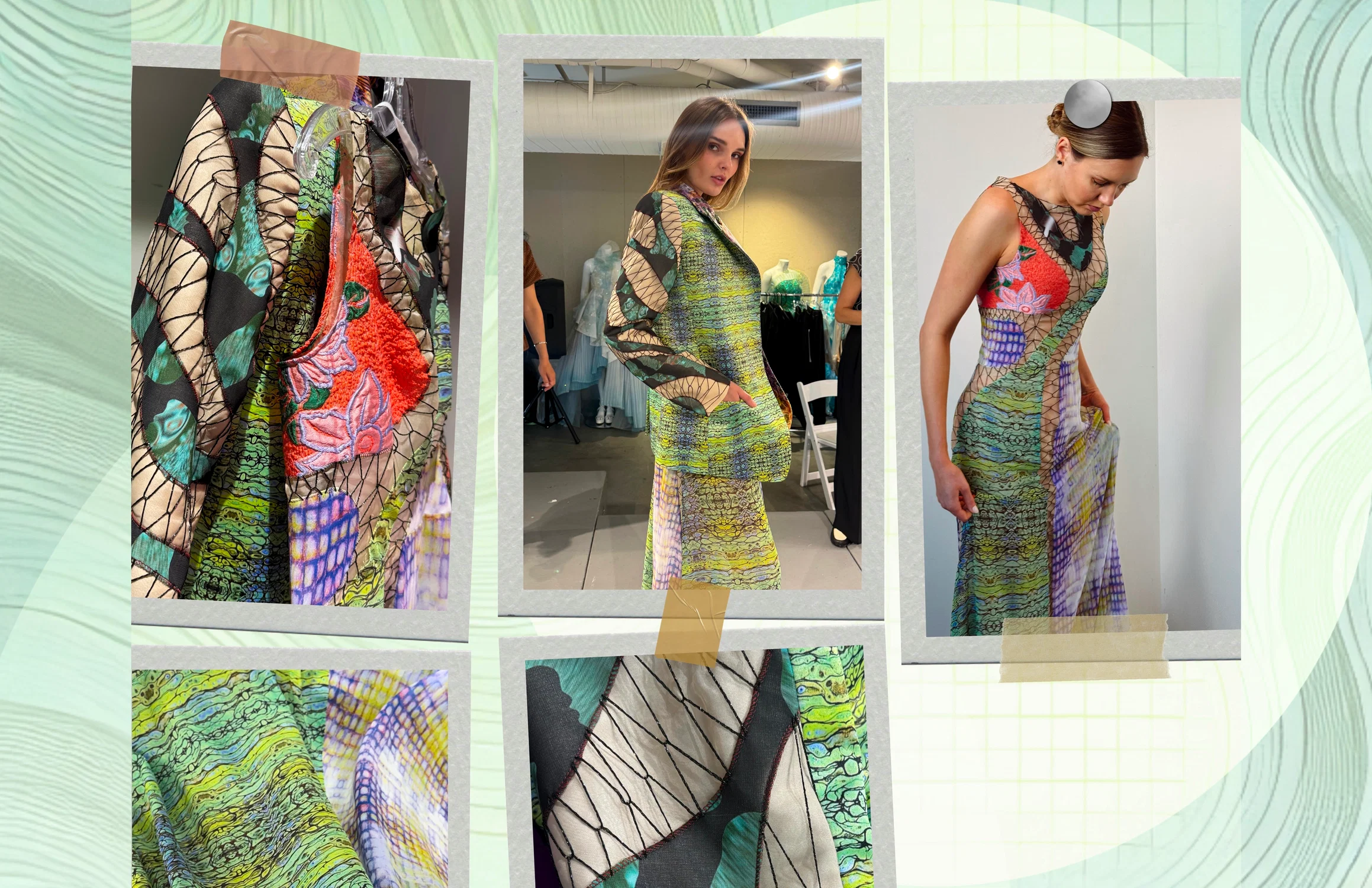 This look is from my senior mentor project with Jonathan Cohen, where I explored the meeting point between punk and impressionism. The custom-printed fabrics are connected through raw, visible hand-stitching—my personal punk-inspired treatment—bringing a sense of rebellion and craftsmanship to the soft, painterly aesthetic.