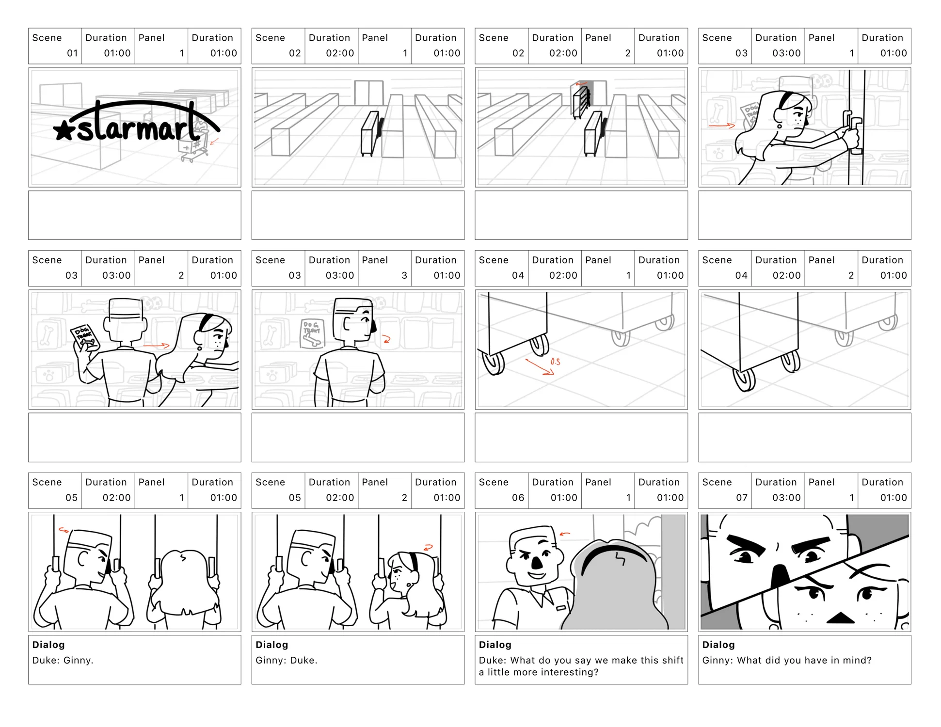 12 panels of a storyboard sequence detailing the start of a rivalry between Duke and Ginny, two StarMart employees.