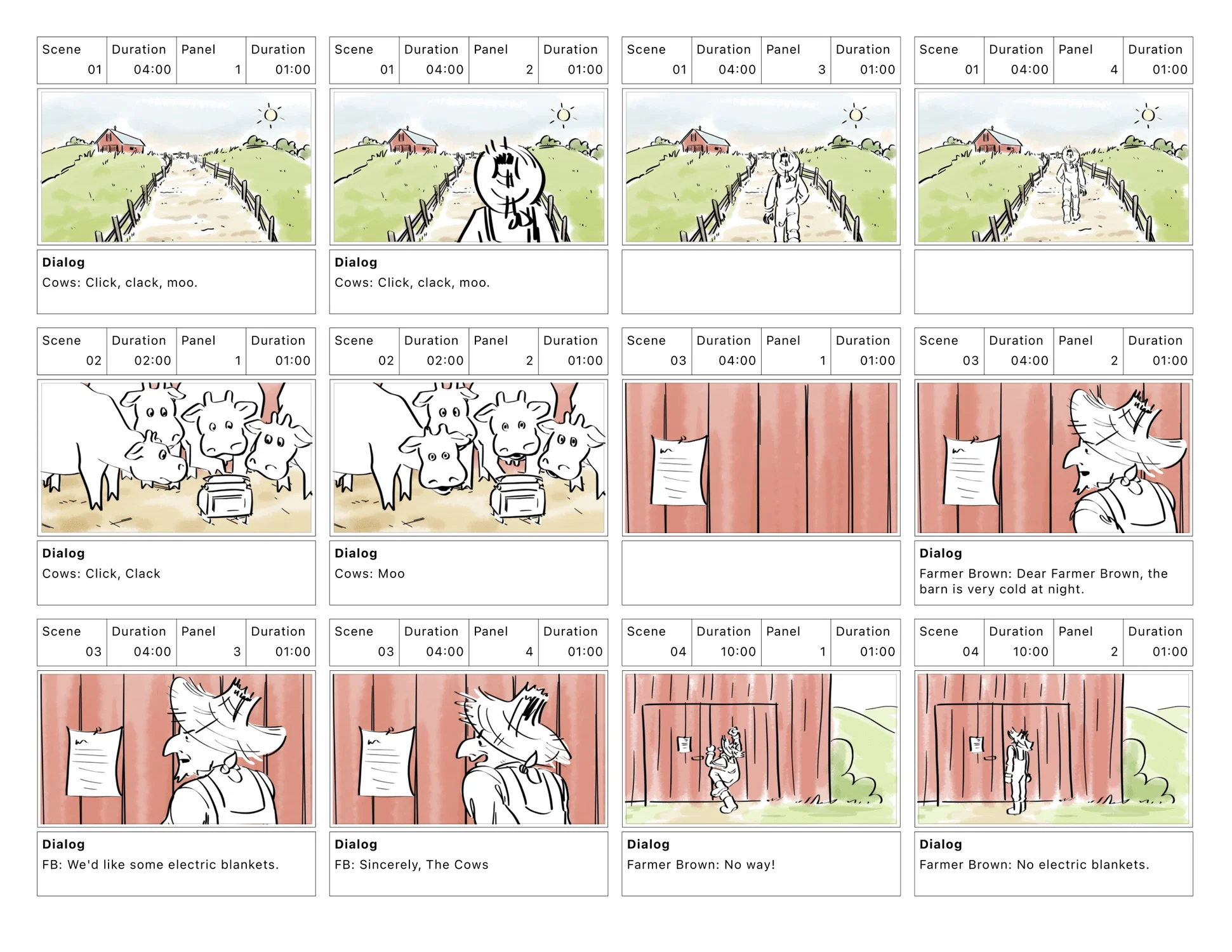 Adaptation of Click, Clack, Moo by Doreen Cronin. 12 panels showing the farmer's denial of the cow's request for blankets.