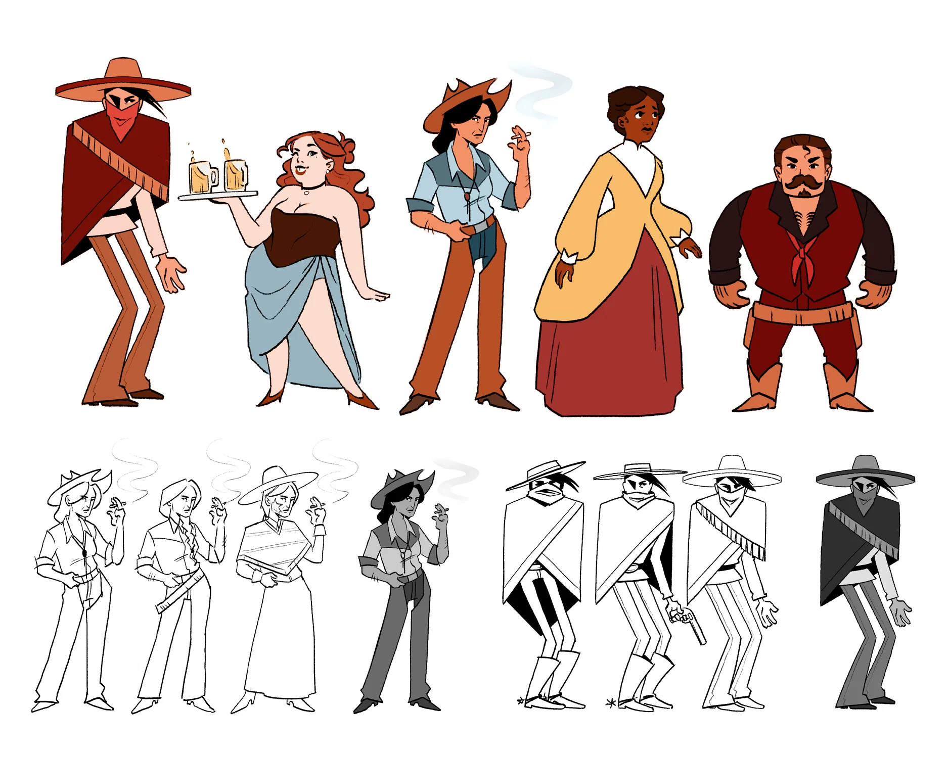 5 western character designs: a bounty hunter, bartender, lone wolf, high society woman, and the bar regular