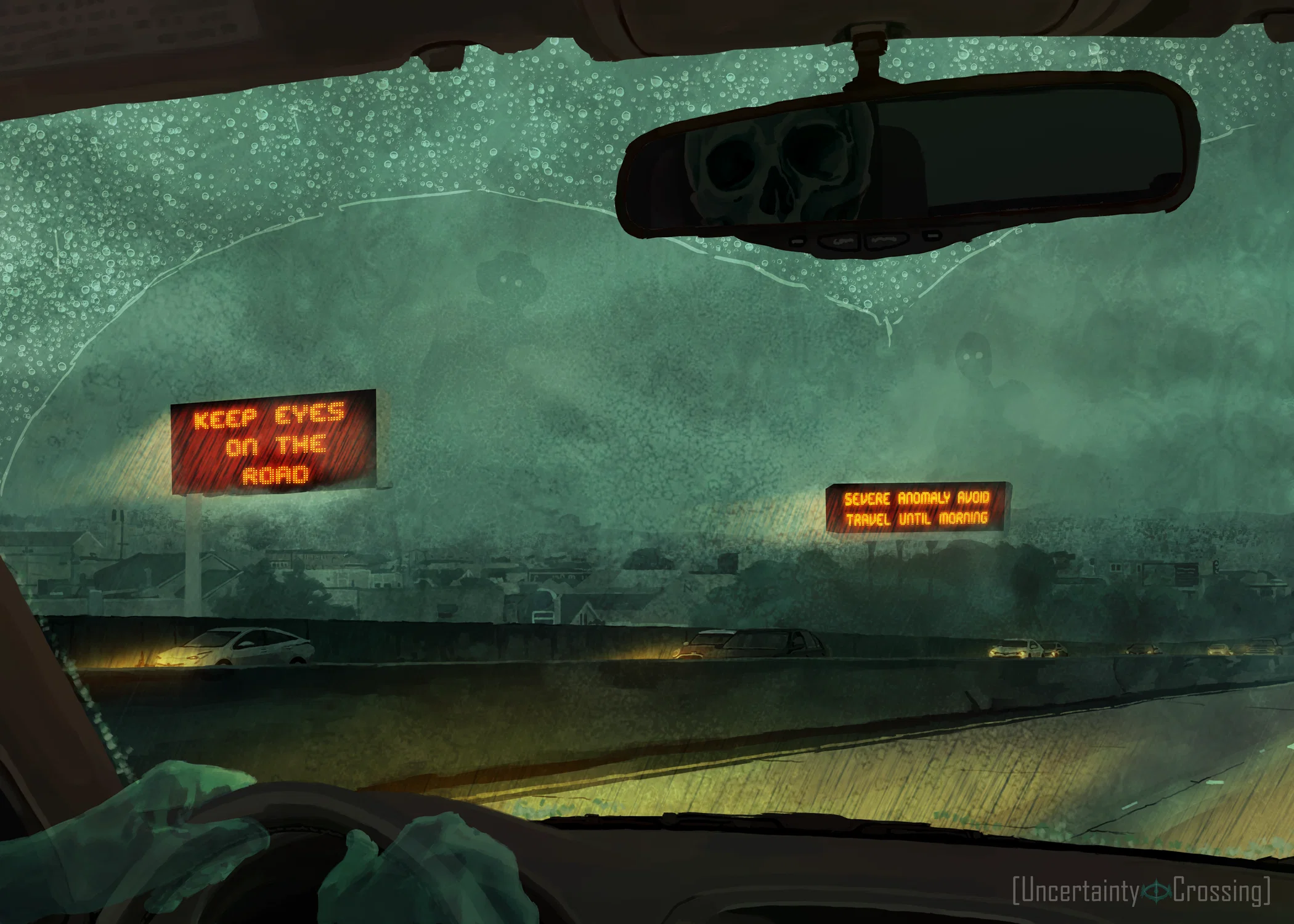 A digital illustration showcasing the view of the road as from the passenger side seat. It is dark, storming, with two highway signs being seen in the distance, displaying in orange text "Keep eyes on the road" and "Severe anomaly avoid travel until morning". Behind the signs, though obscured in fog, is a city and hills. In the sky, standing behind the hills, are two giant humanoid figures, looking back at the viewer. In the driver's rear view mirror, there is a skull, and when paired with the ghostly hands on the steering wheel, the driver is implied to be undead/anomalous as well.