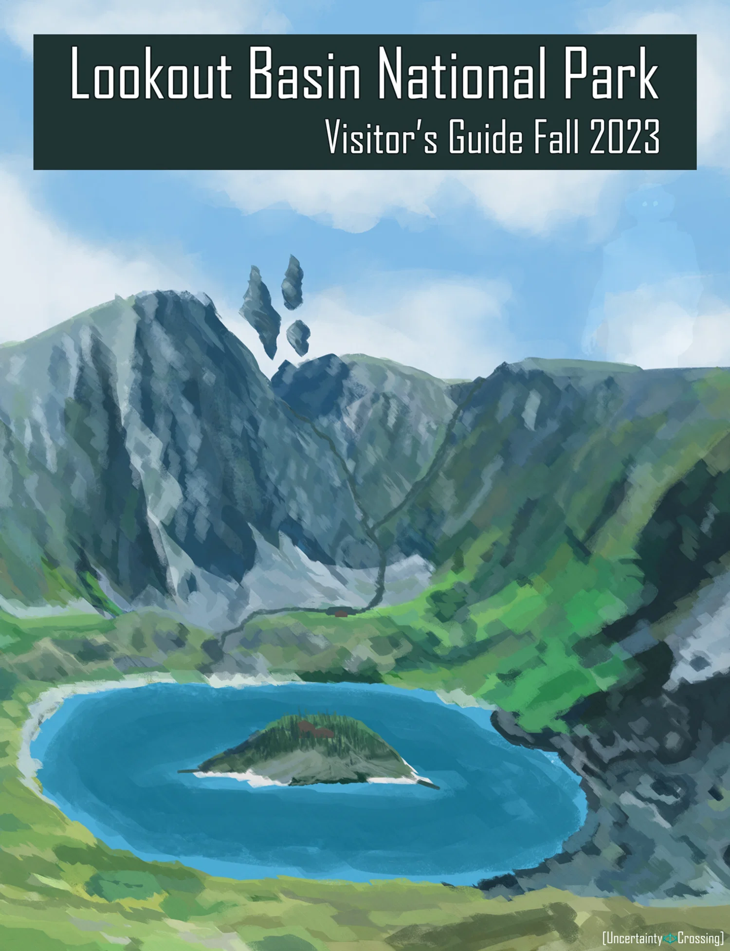 a digital illustration showcasing a landscape during the day. It features a basin - mountains surrounded on all sides, covered in forest, with a lake and an island in the center. At the top reads the text "Lookout Basin National Park Visitor's Guide Fall 2023"