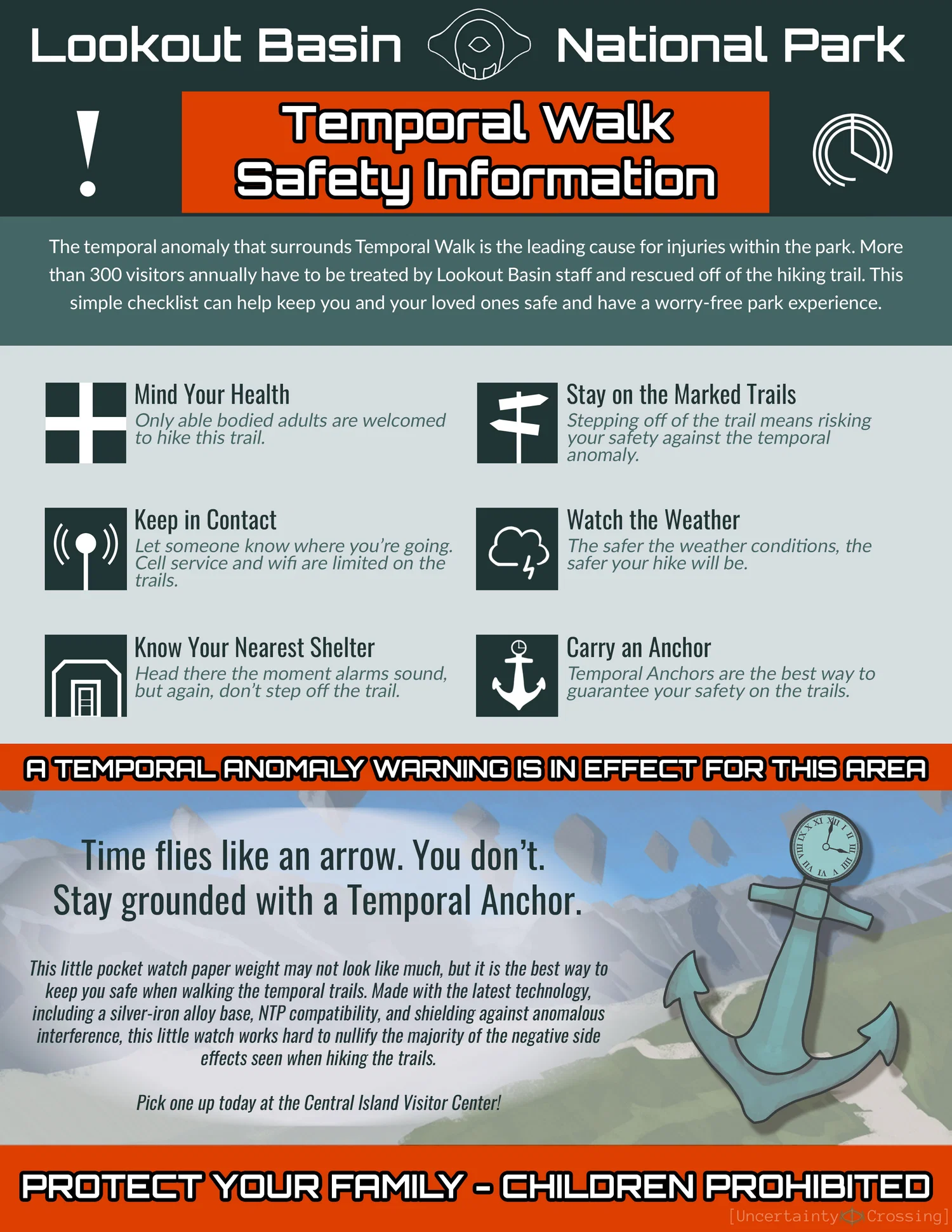A poster detailing safety information for the fictional park, Lookout Basin's, Temporal Walk Hiking Trail. Also features an advertisement for a tool known as a "temporal anchor", said to keep you safe during temporal (time based) anomalies.