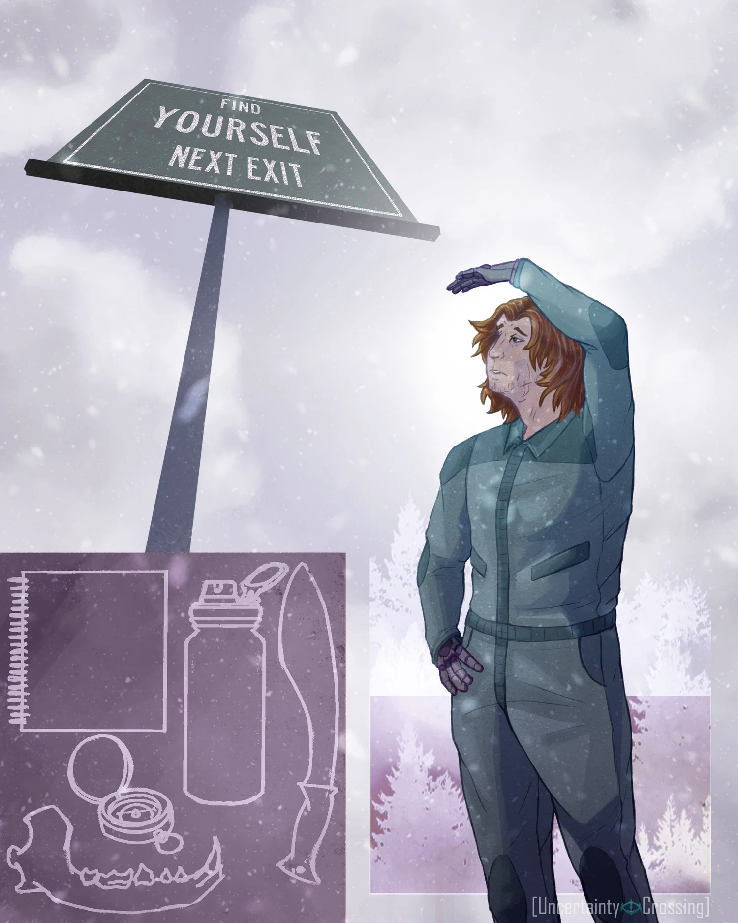 A digital illustration where a figure shields their eyes from the sun and weather as they look up to read a highway sign that says "Find yourself, next exit". Below the sign is a panel that showcases the figure's belongings - a sketchbook, water bottle, compass, machete, and canine jaw bone. Behind the figure is a panel showcasing an abstract forest, and behind the entire image is a snowy muted sky. The figure is masculine, wearing a jumpsuit and gloves.
