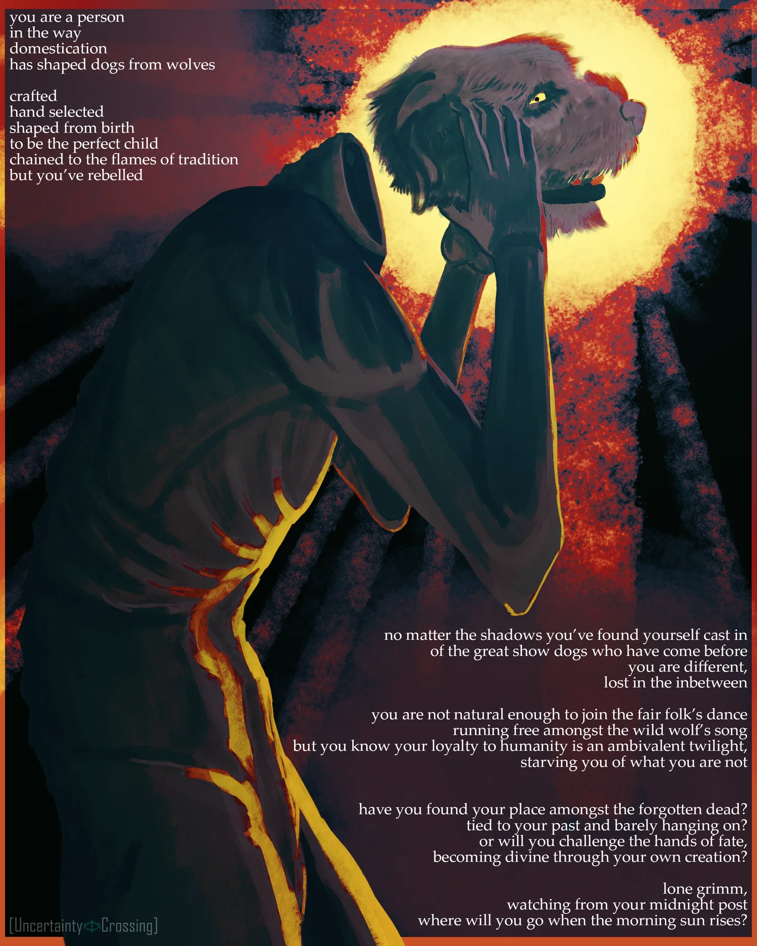 A digital illustration where a headless humanoid figure clutches a dog head where the figure's head should normally be. The dog head is looking at the viewer, with its mouth open and pupils narrowed, a tense expression on its face. Behind the figure is a black background with a yellow sun behind the dog's head and radiating out yellow and red sunbeams. Surrounding the dog is a poem.