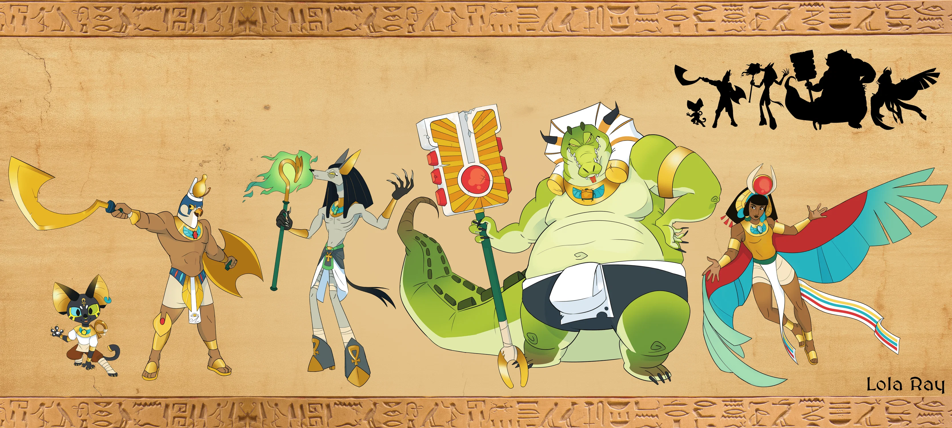 Character design lineup featuring the stylized depictions of the Egyptian gods Horus, Bastet, Sobek, Isis and Anubis