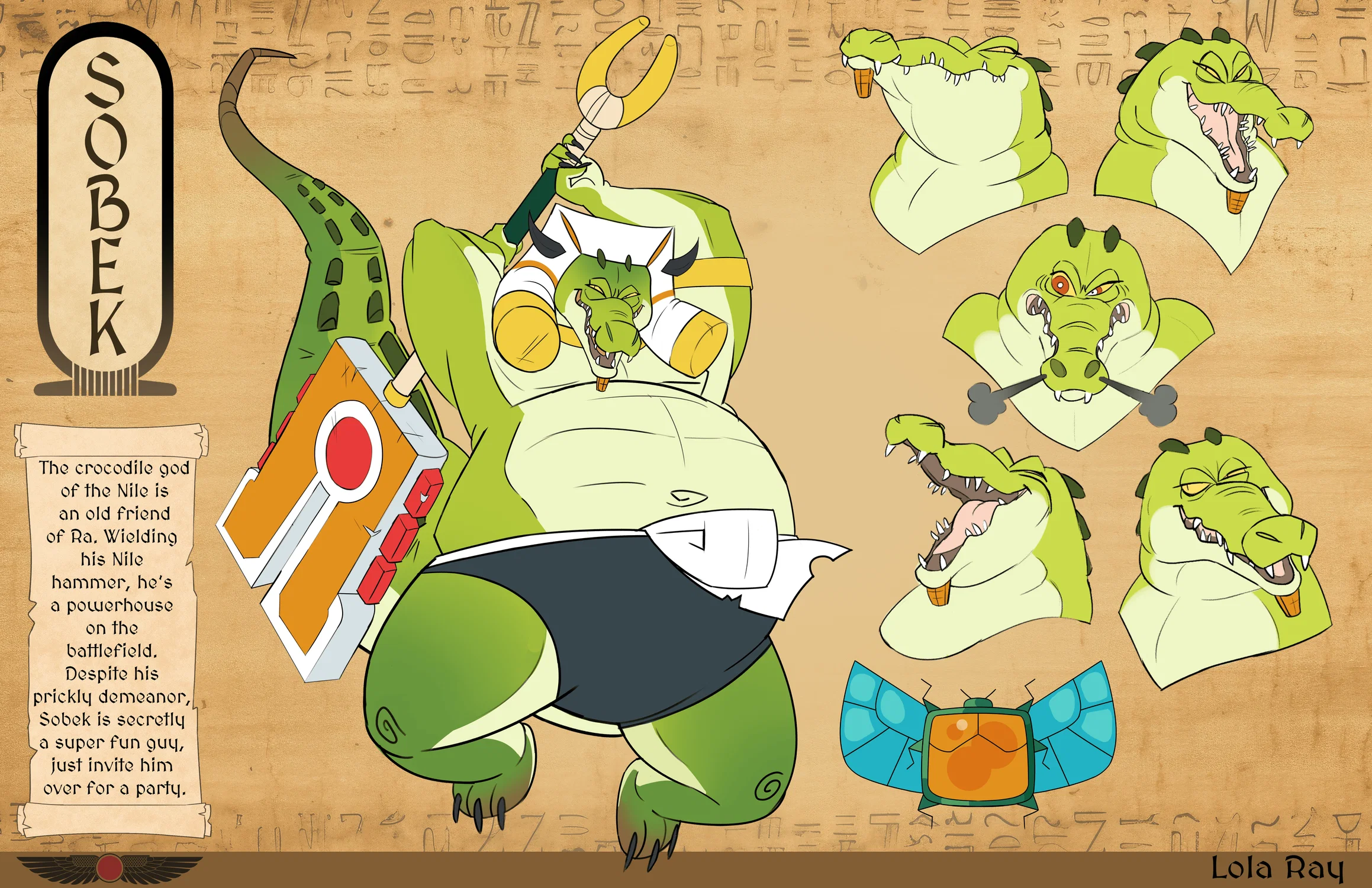 Character design lineup featuring the stylized depiction of the Egyptian god Sobek, there is a variety of expressions