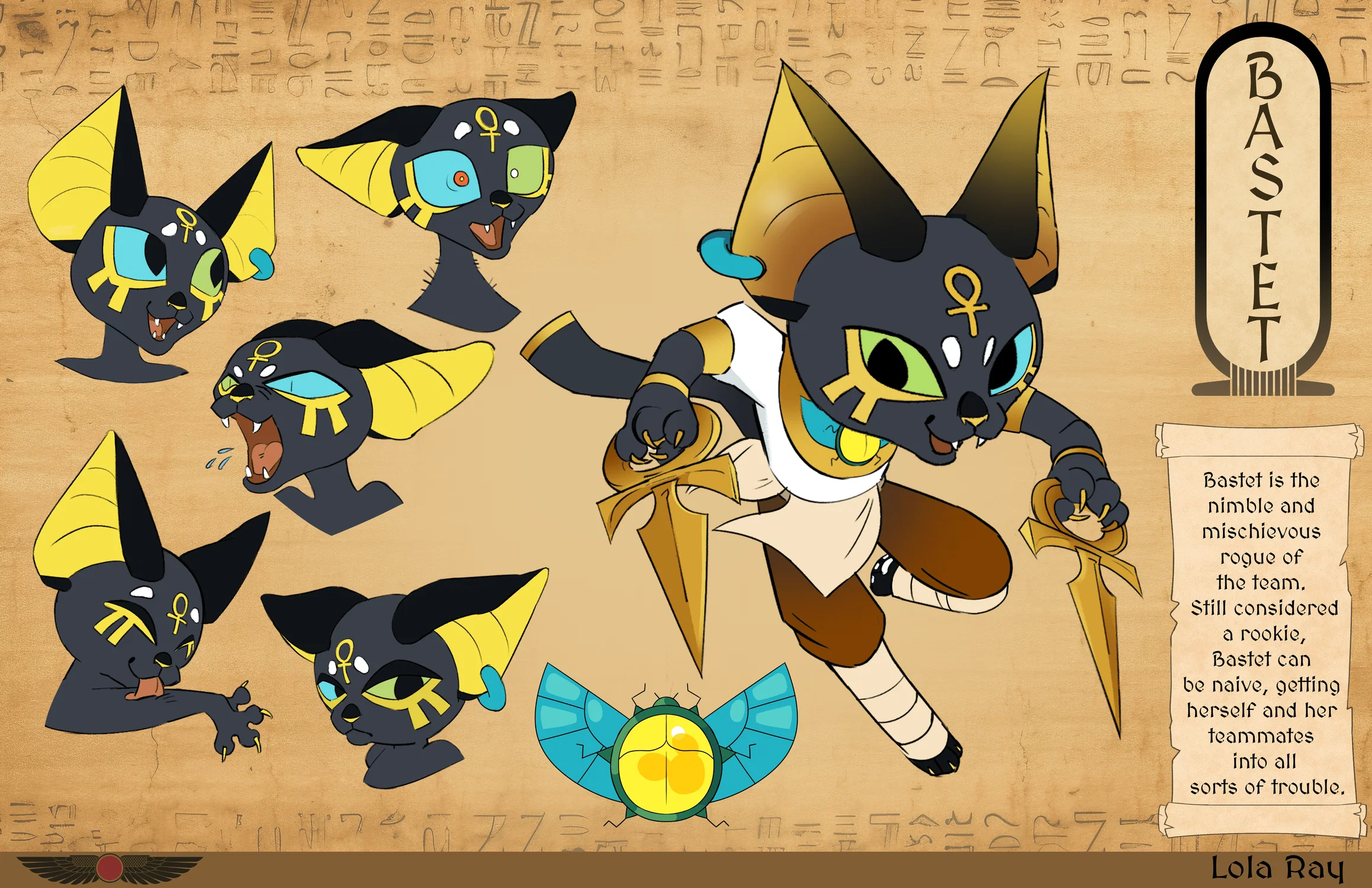 Character design lineup featuring the stylized depiction of the Egyptian god Bastet, there is a variety of expressions