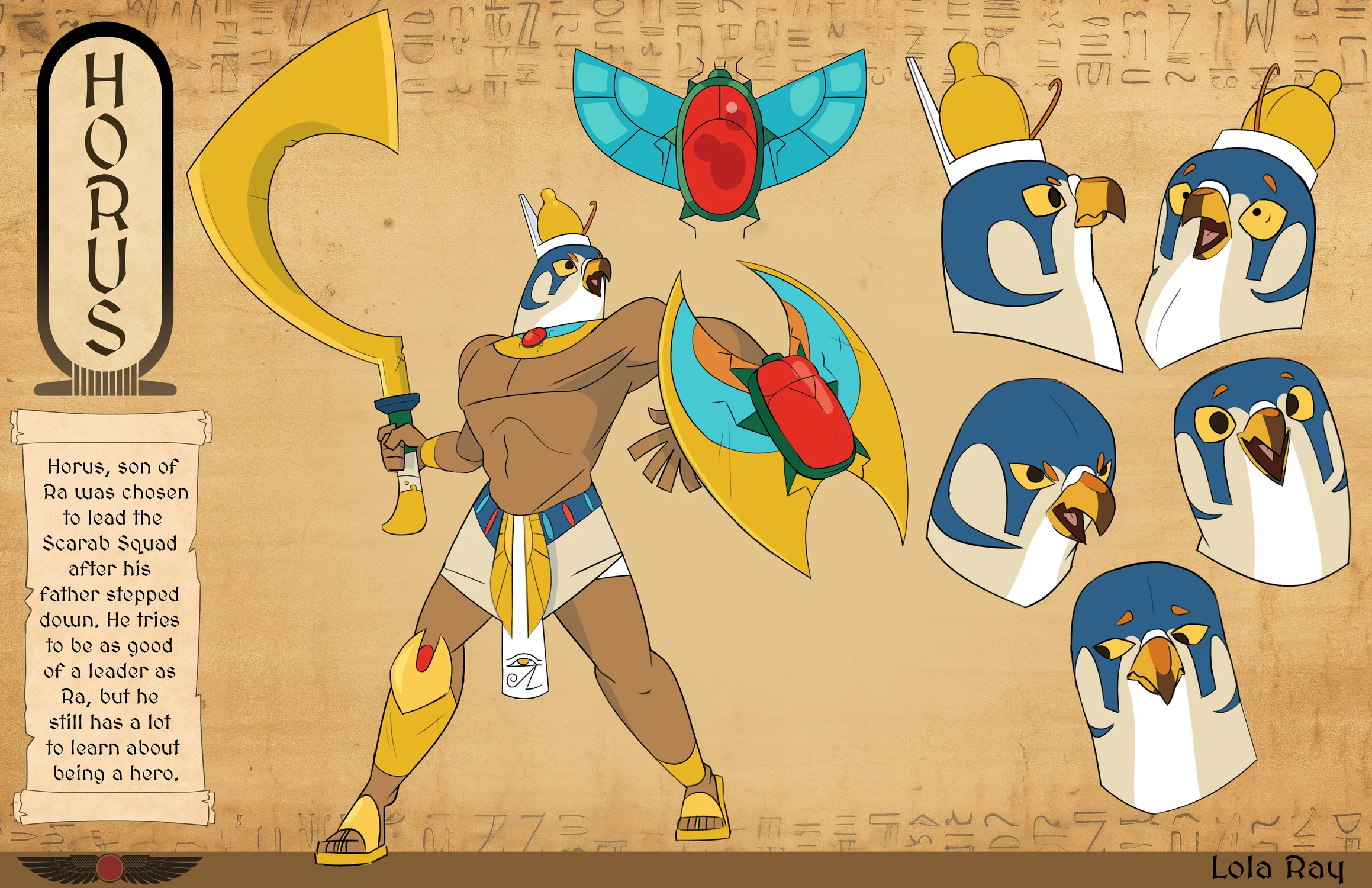 Character design lineup featuring the stylized depiction of the Egyptian god Horus, there is a variety of expressions