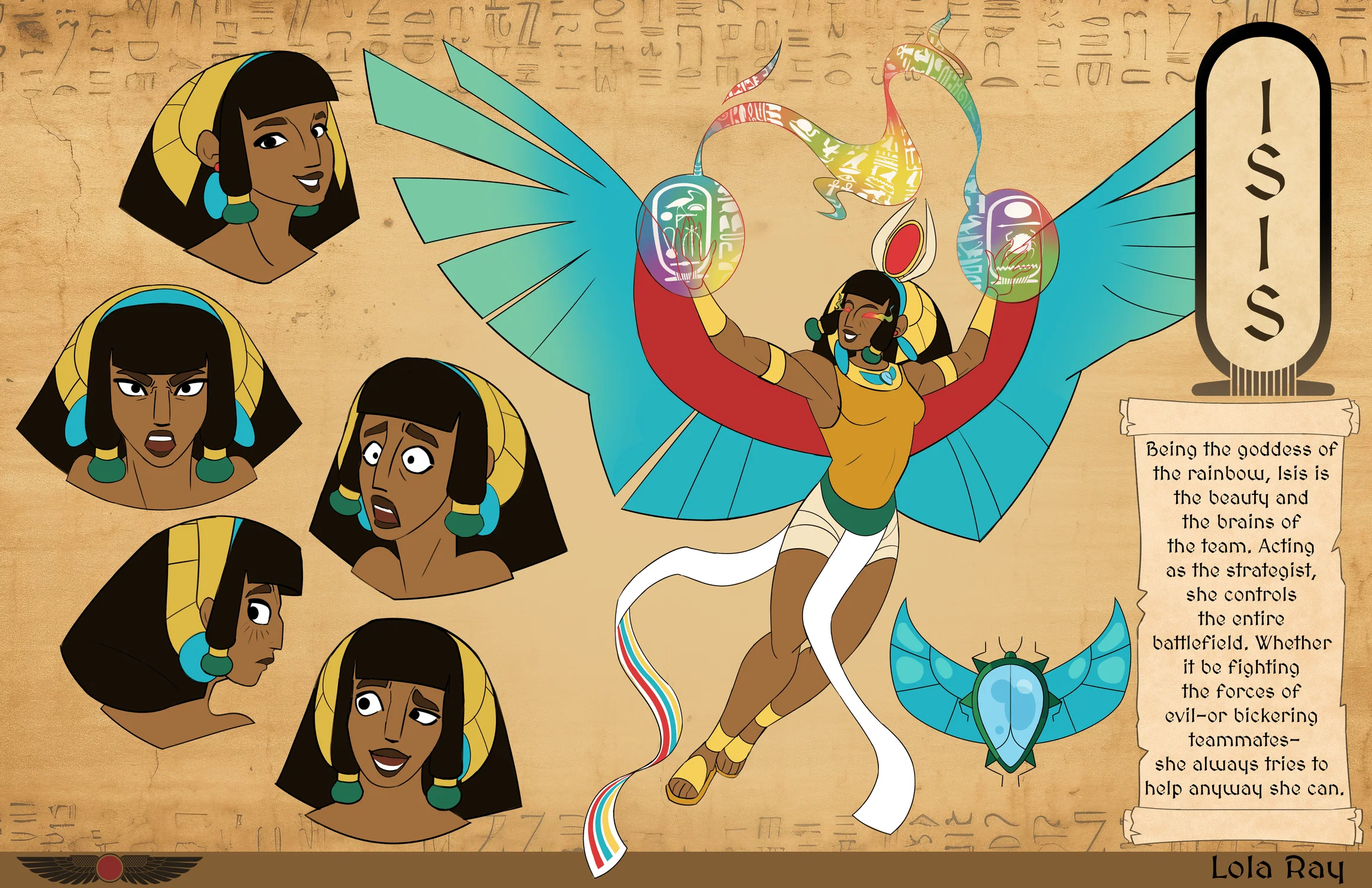 Character design lineup featuring the stylized depiction of the Egyptian god Isis, there is a variety of expressions