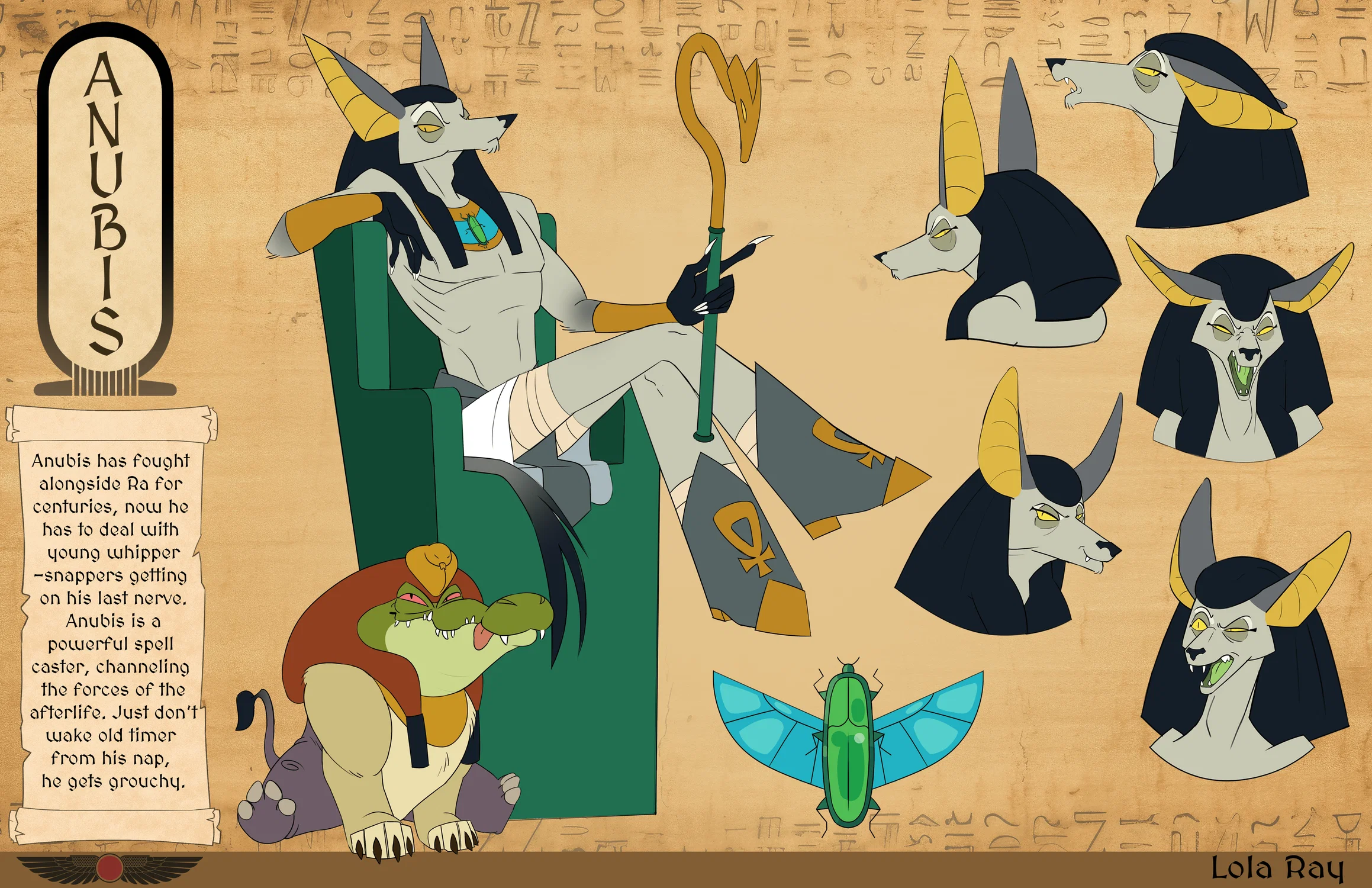 Character design lineup featuring the stylized depiction of the Egyptian god Anubis, there is a variety of expressions