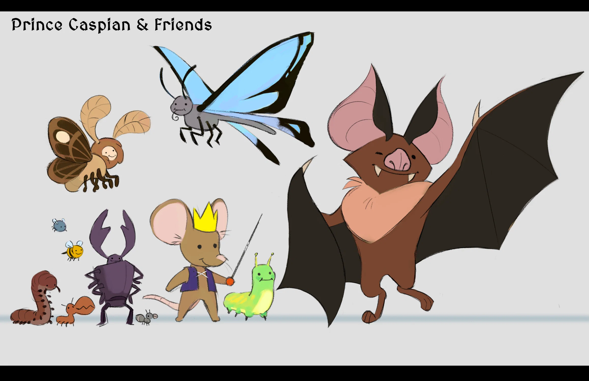 Character design lineup featuring Prince Caspian, a mouse dressed in a crown and purple vest, and his many bug friends including a beetle, caterpillar, and a bat.