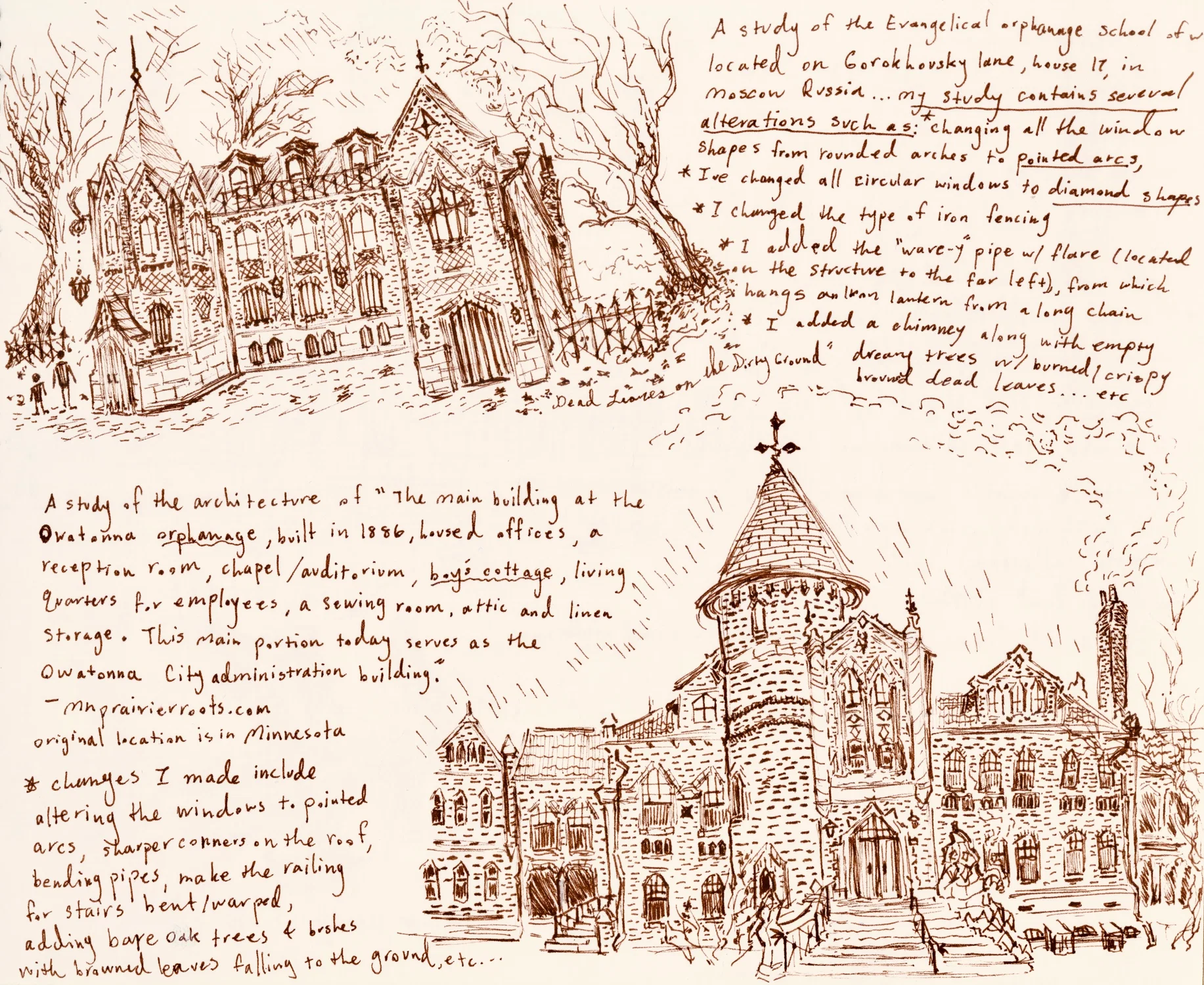A study of a couple of orphanages, which have been slightly altered by me. I was mesmerized by the building designs and wanted to add a tiny bit of my own flair here and there.
