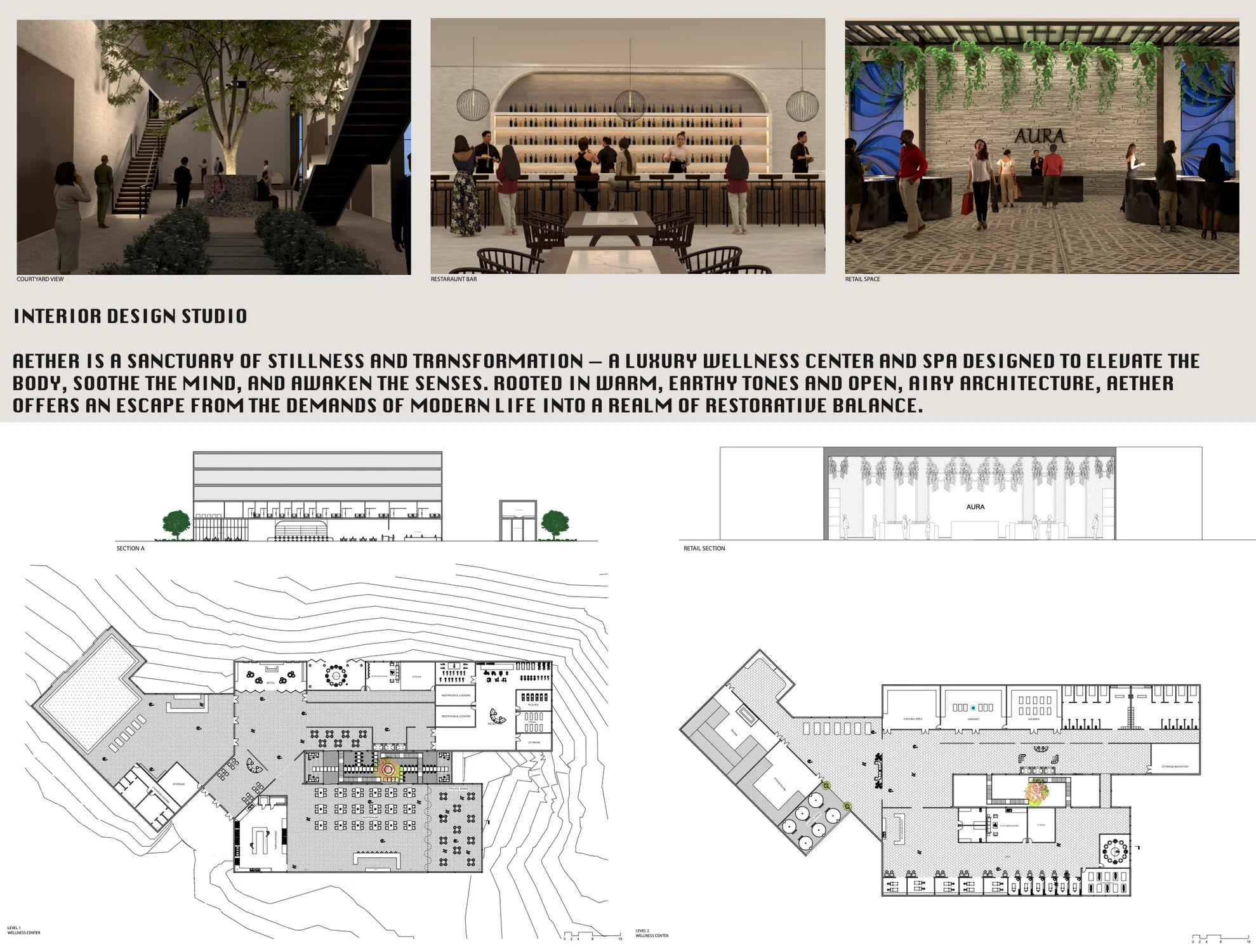 The spatial organization of Aether is carefully curated to guide users through a restorative journey—from lush, shaded courtyards to inviting communal lounges, a refined restaurant and bar, and tranquil treatment zones. Each space is thoughtfully scaled and programmed to engage the senses while promoting mindfulness and renewal. The layout is informed by topography, responding to its natural context with terraced levels that allow for seamless indoor-outdoor transitions. Central to the design is the idea of holistic well-being. Aether integrates biophilic design principles, layered lighting, and acoustically tuned spaces to support relaxation, reflection, and rejuvenation. Through a synthesis of modern luxury and elemental simplicity, Aether redefines the boundaries of interior wellness environments.