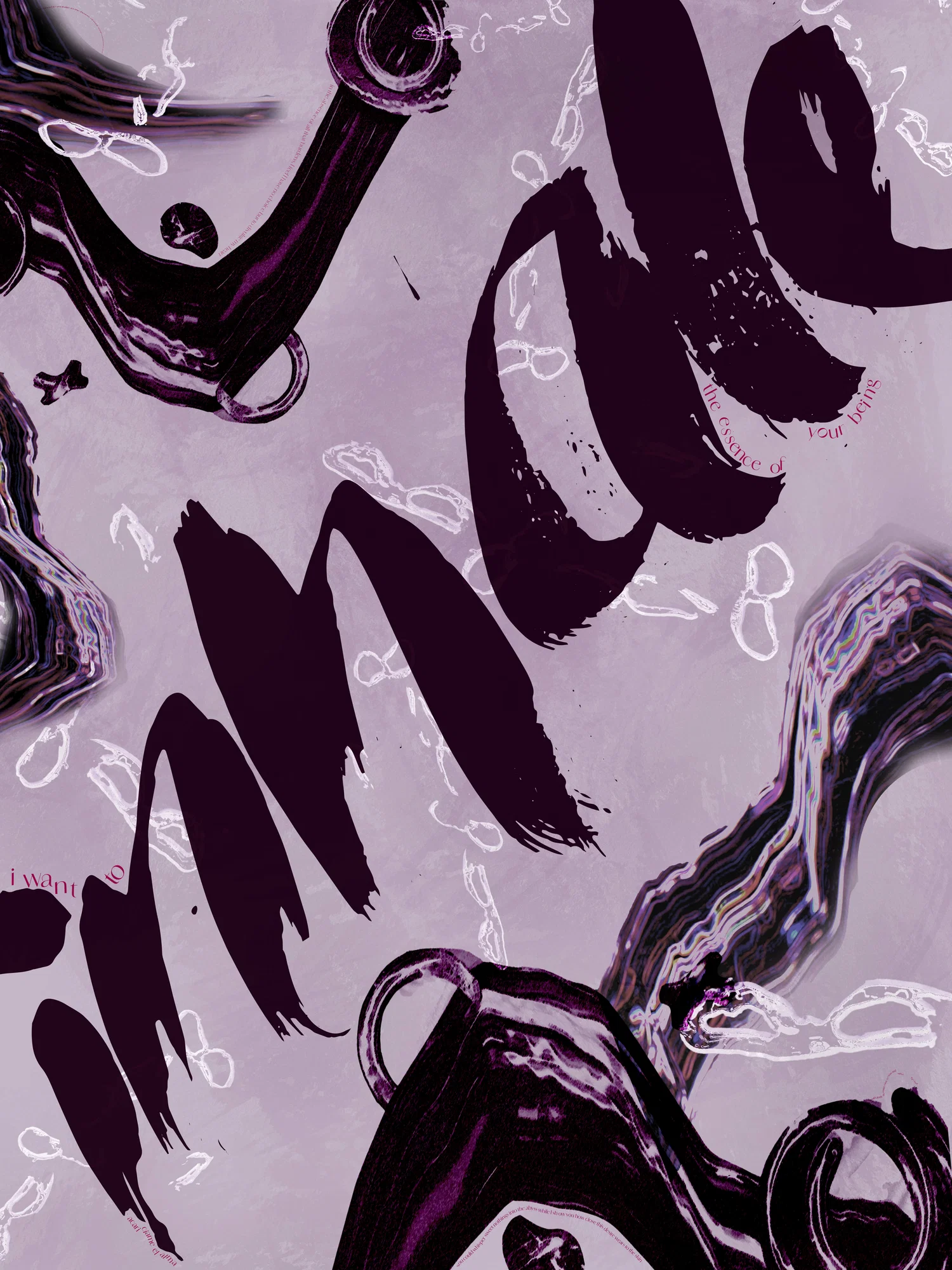 A poster in different tones of purple with the word "inhale" in the center, surrounded by abstract graphic elements and hidden small poetry throughout