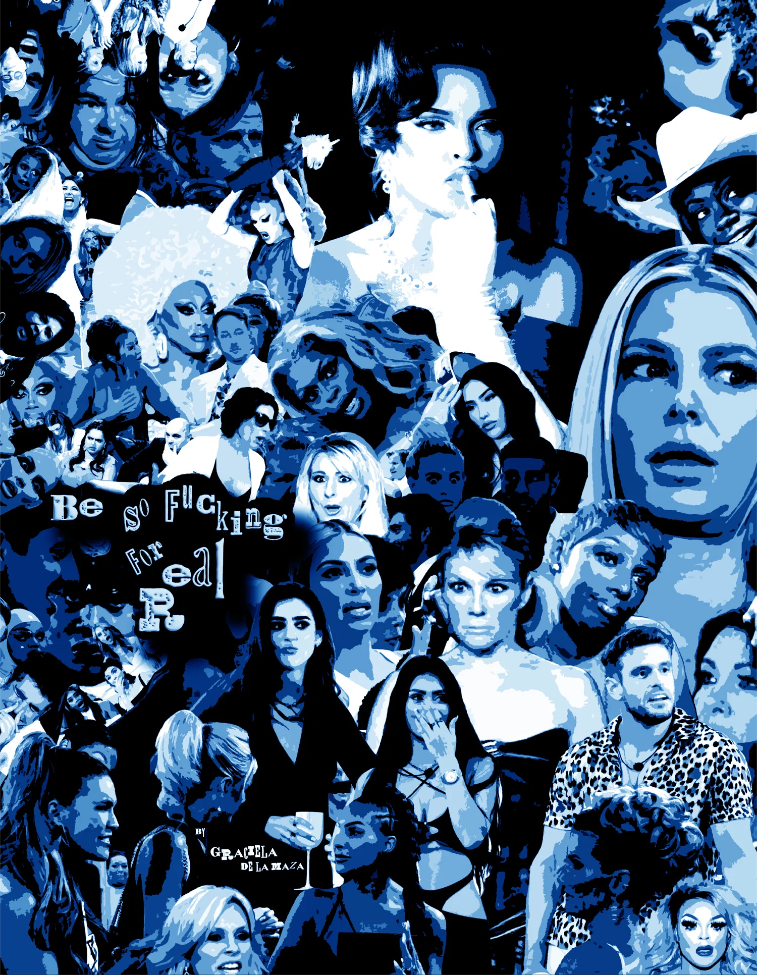 A cyan, risographed image of a collage containing over a hundred screenshots of various reality tv show scenes.