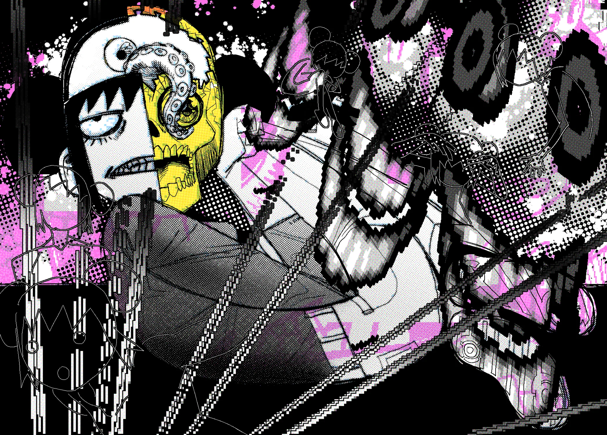 A pop art illustration depicting a character with a tentacle coming out of their head.