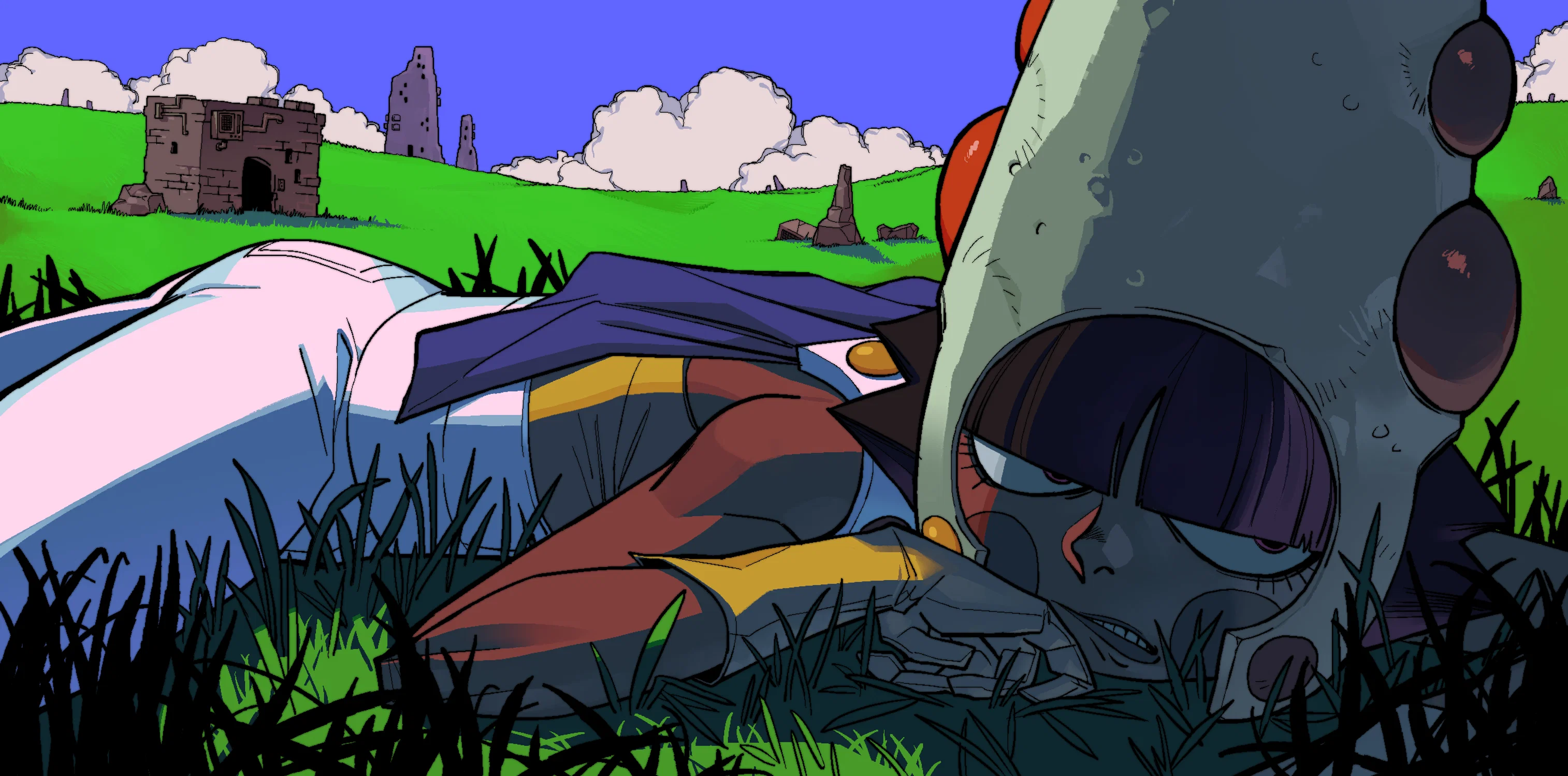 A character laying flat on a field of grass.