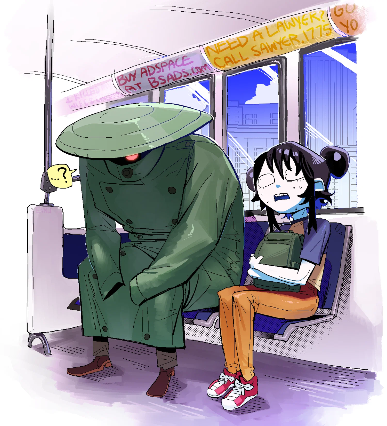 Two characters sitting inside a bus.