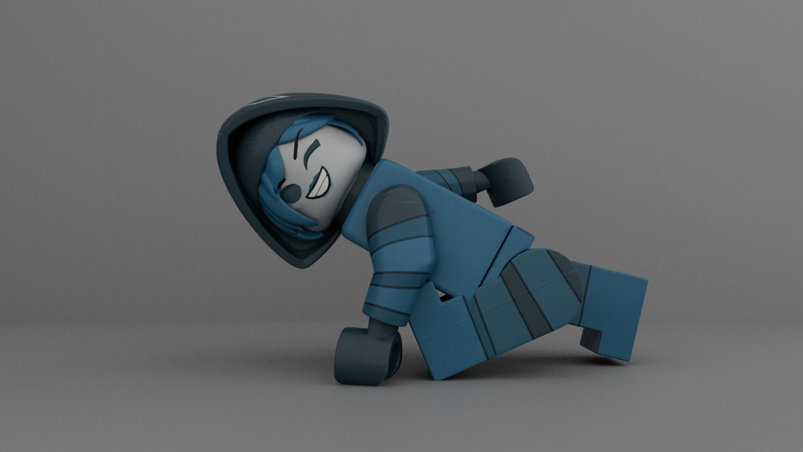 Blue animated LEGO figure in a superhero landing pose with a smile and wink on her face. She has a blue hood on, and has one arm forwards, while her legs are in almost a full split. Her face is turned towards the camera.