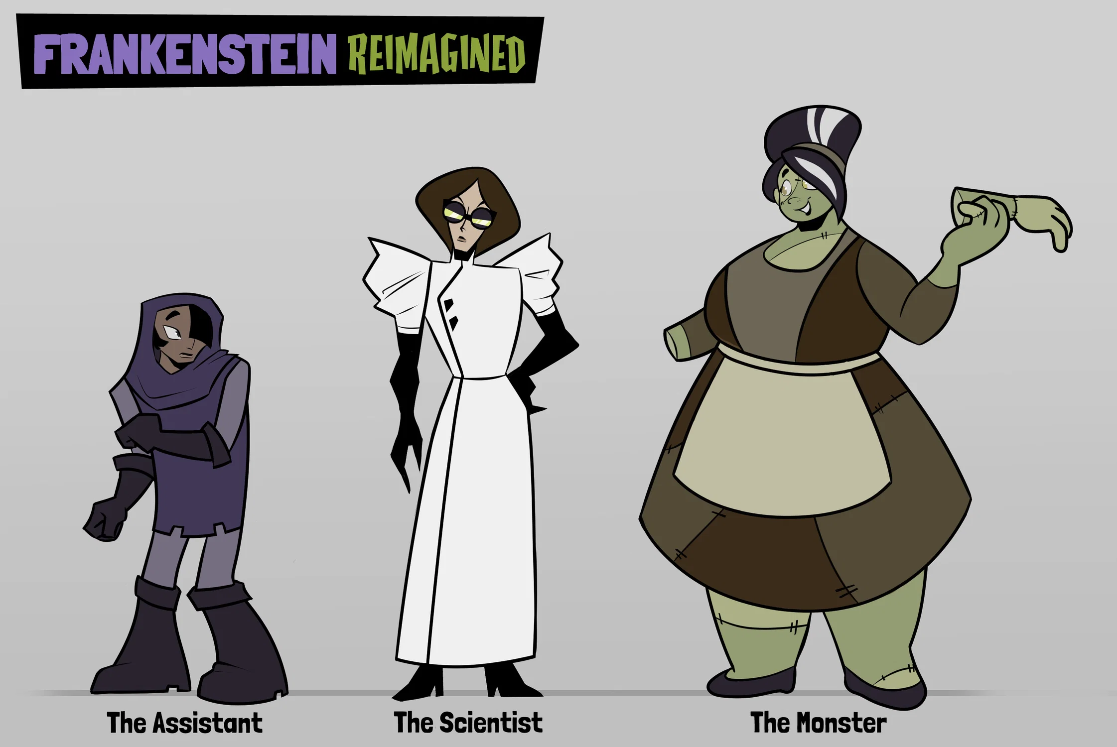 A character line-up of 3 women based on the iconic characters associated with Frankenstein. From left to right are characters based off of Igor, Victor Frankenstein and Frankenstein's monster with the story now re-imagined to be a romance.
