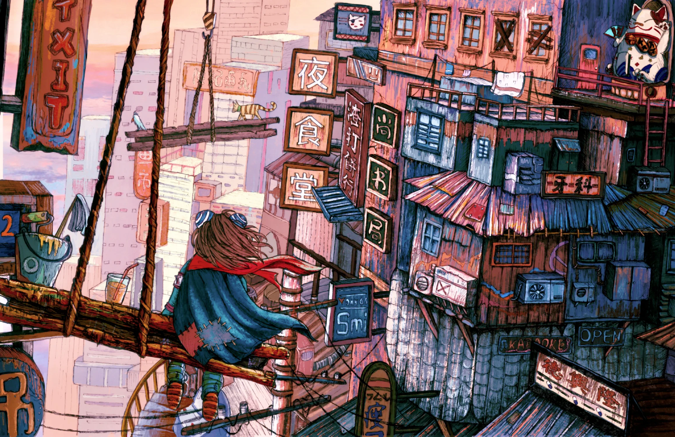 A girl perches on a wooden beam of a towering crane, gazing at the distant skyscraper across from her.